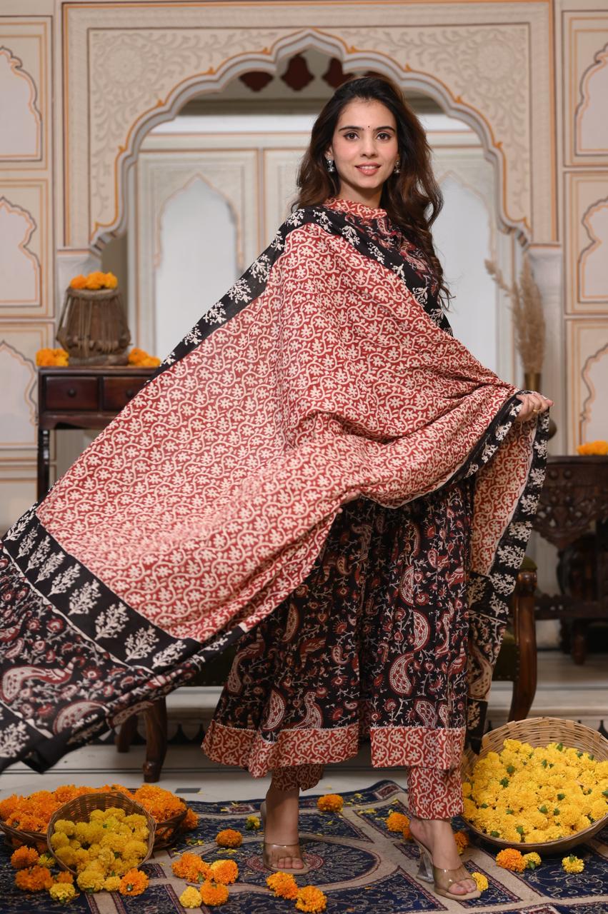 Bagru Handblock Printed Anarkali Set Kurti Pant Dupatta Suits