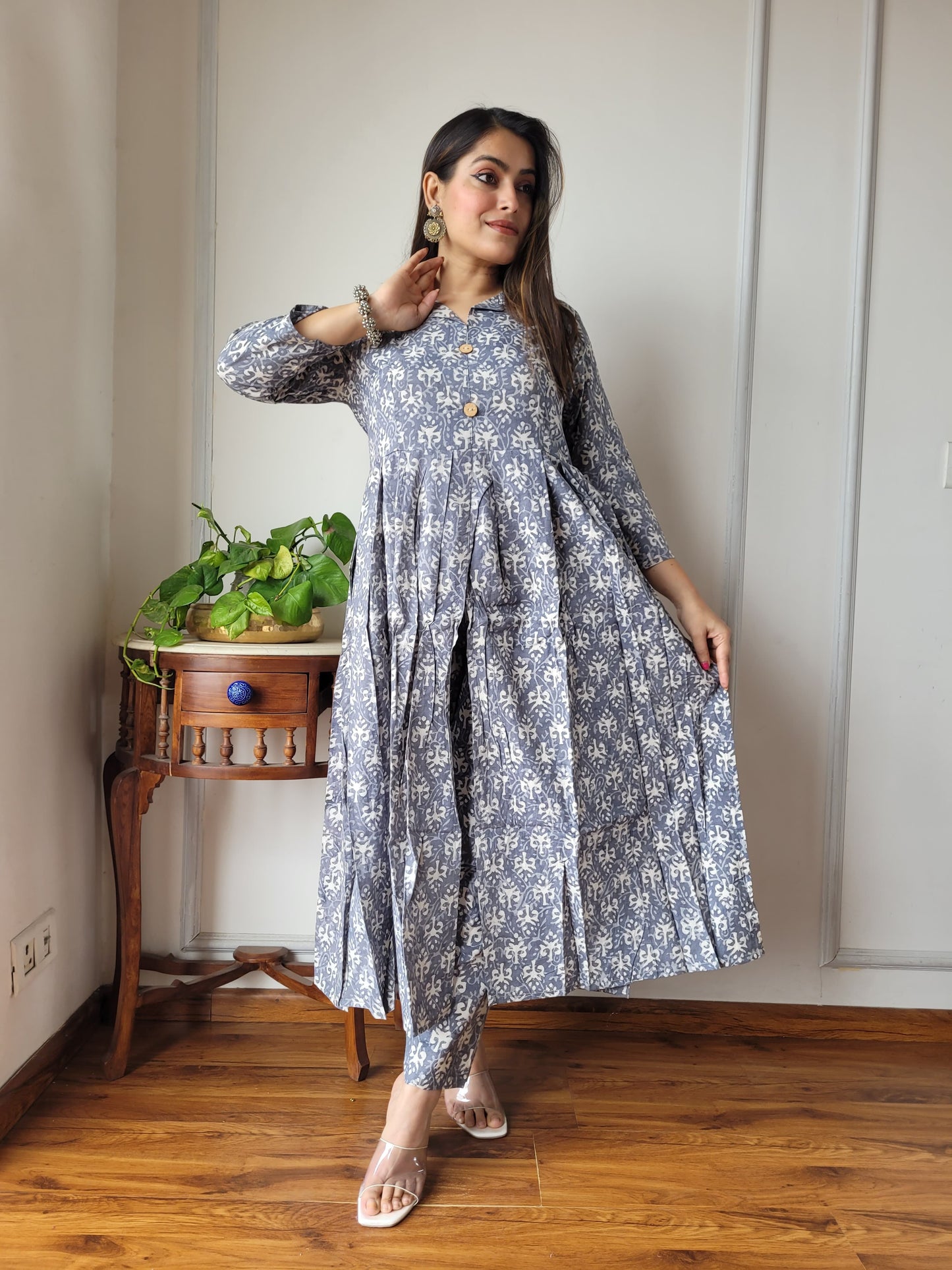 Nyra Cut Handblock Printed Cotton Kurti Pant Set Dress