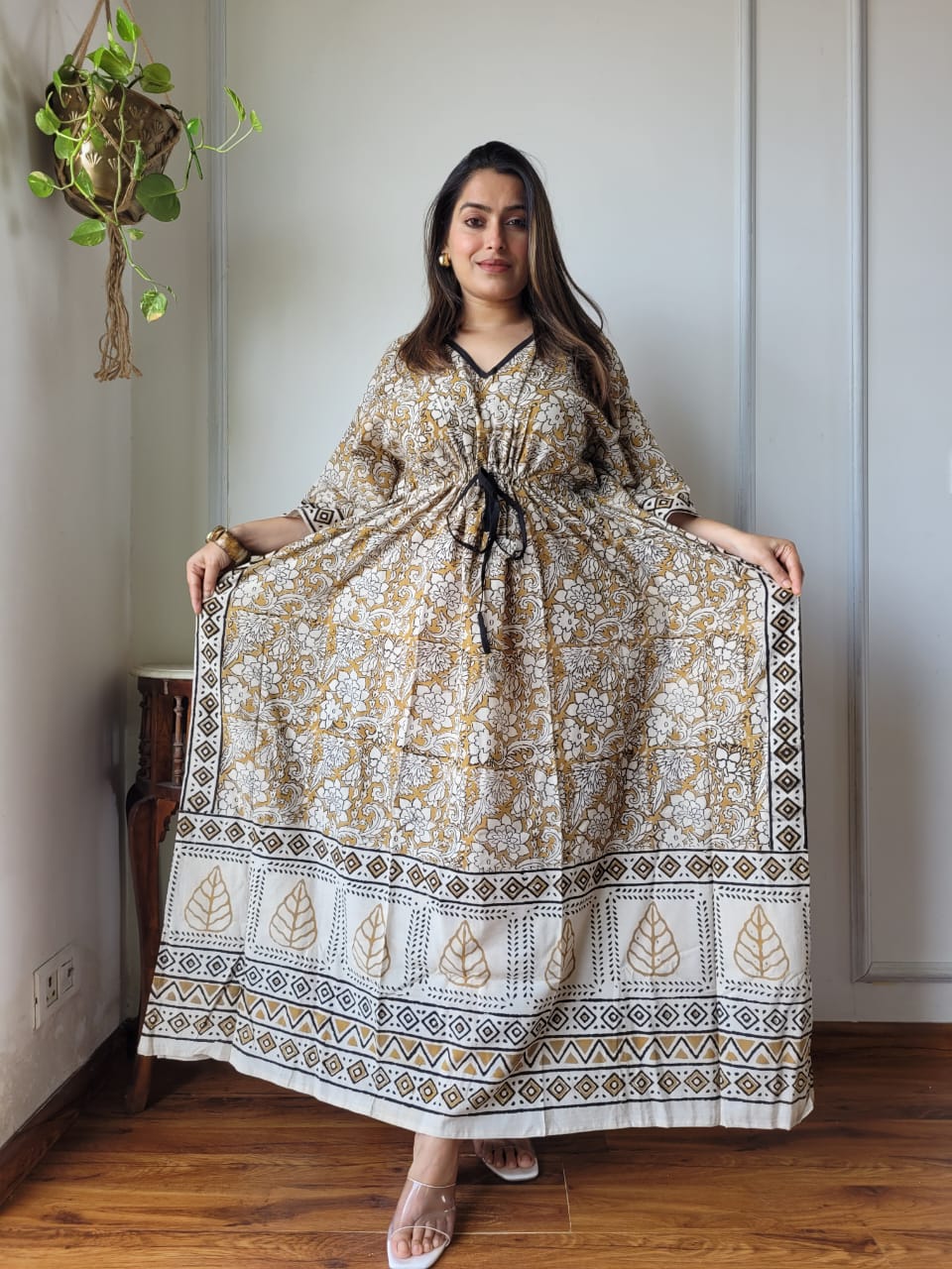 Pure Cotton Handblock Print Kaftan Maxi Night Wear Lounge Wear Night Gown Dress