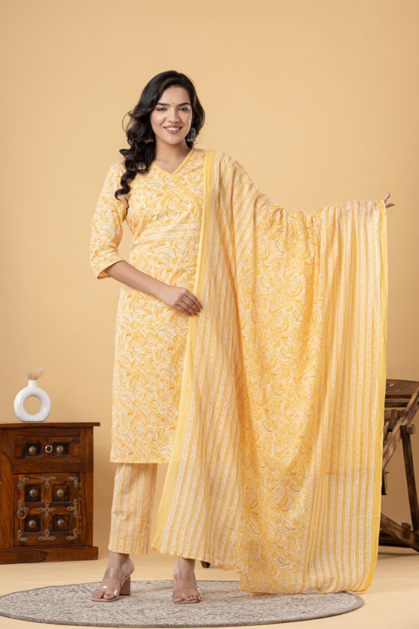 Jaipuri suits cotton kurti pant dupatta sanganeri print dress