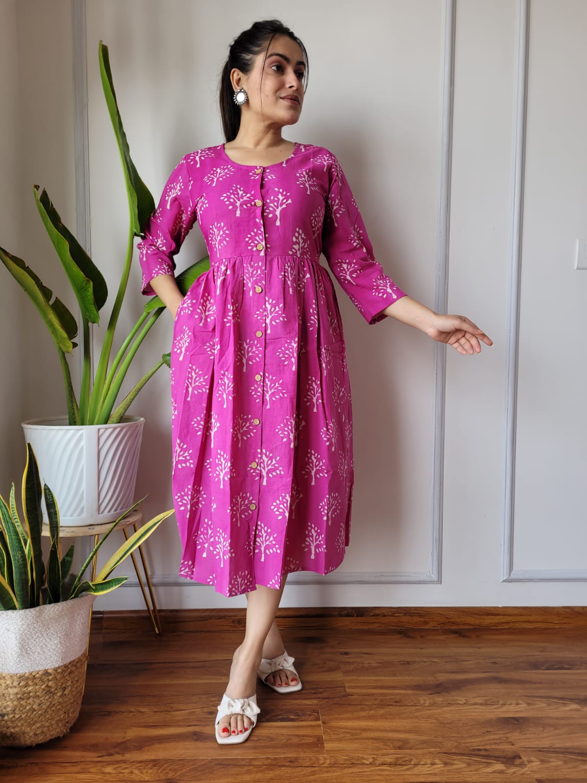 Handblock Print Cotton Kurti One Piece Dress With Sleeves