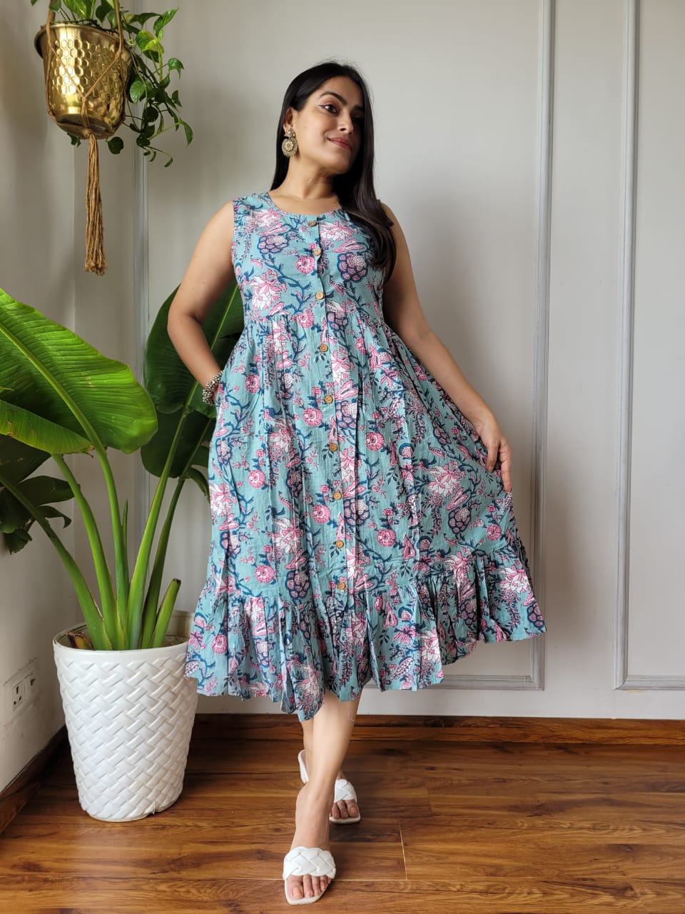 Premium Handblock Print Original Cotton Kurtis Sleeveless One Piece Dress