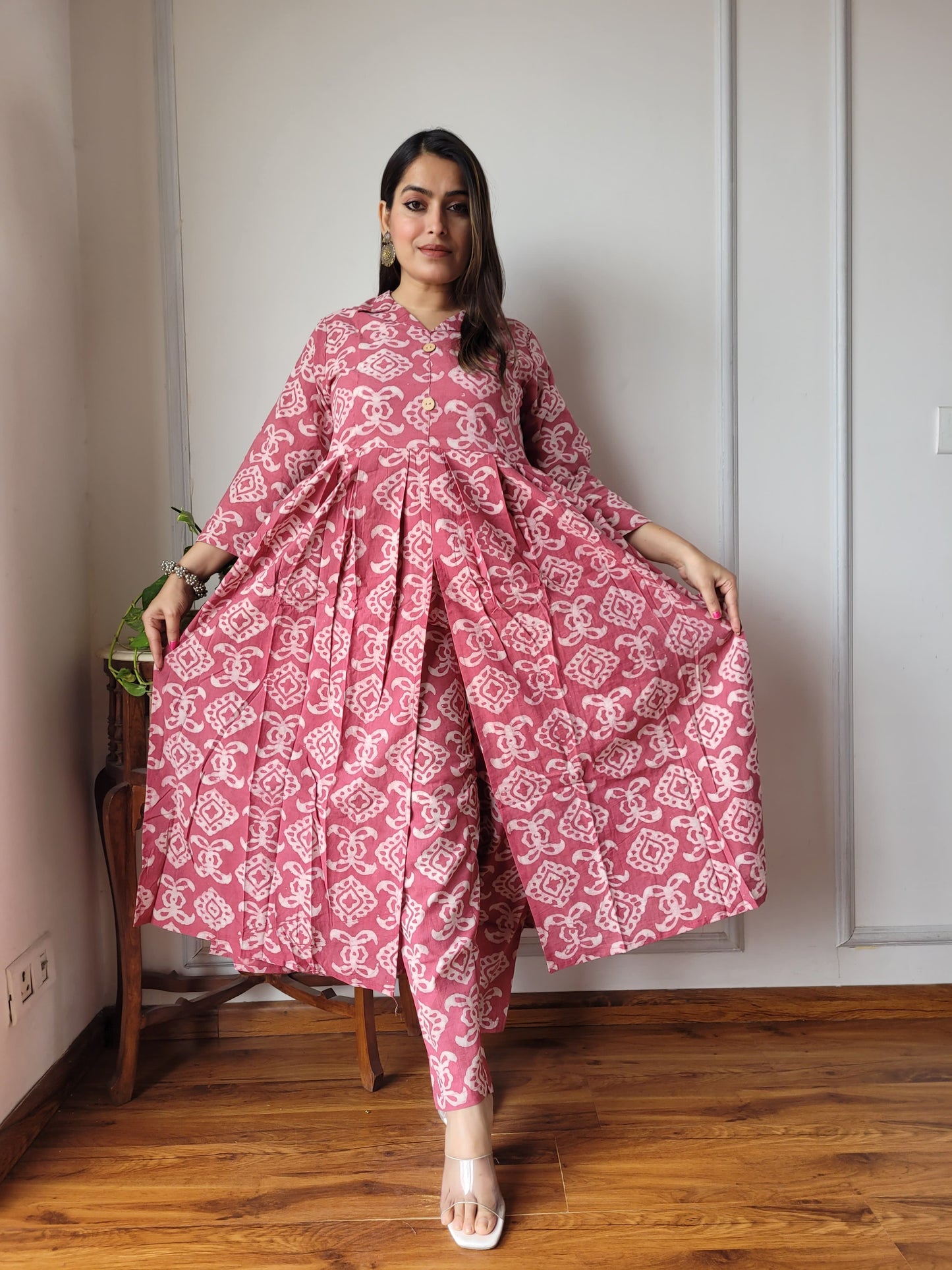 Nyra Cut Handblock Printed Cotton Kurti Pant Set Dress