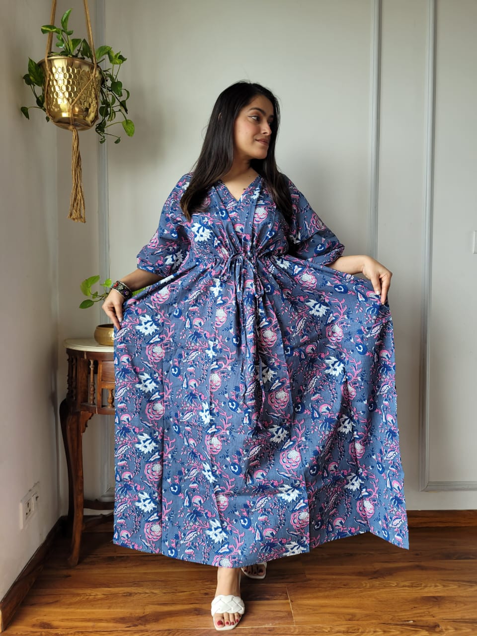 Pure Cotton Handblock Print Kaftan Maxi Night Wear Lounge Wear Night Gown Dress