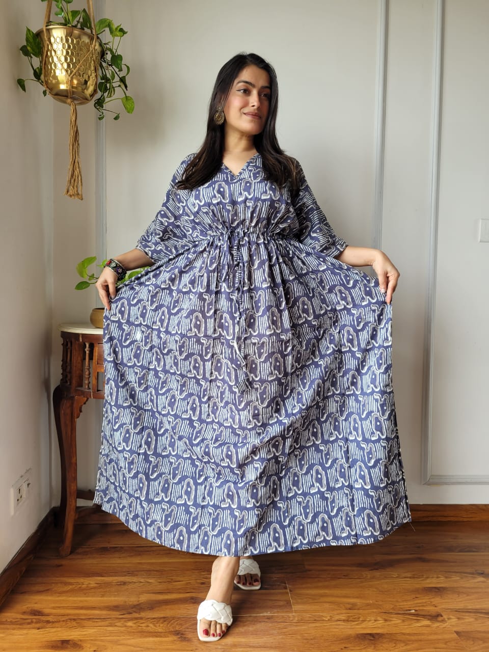 Pure Cotton Handblock Print Kaftan Maxi Night Wear Lounge Wear Night Gown Dress