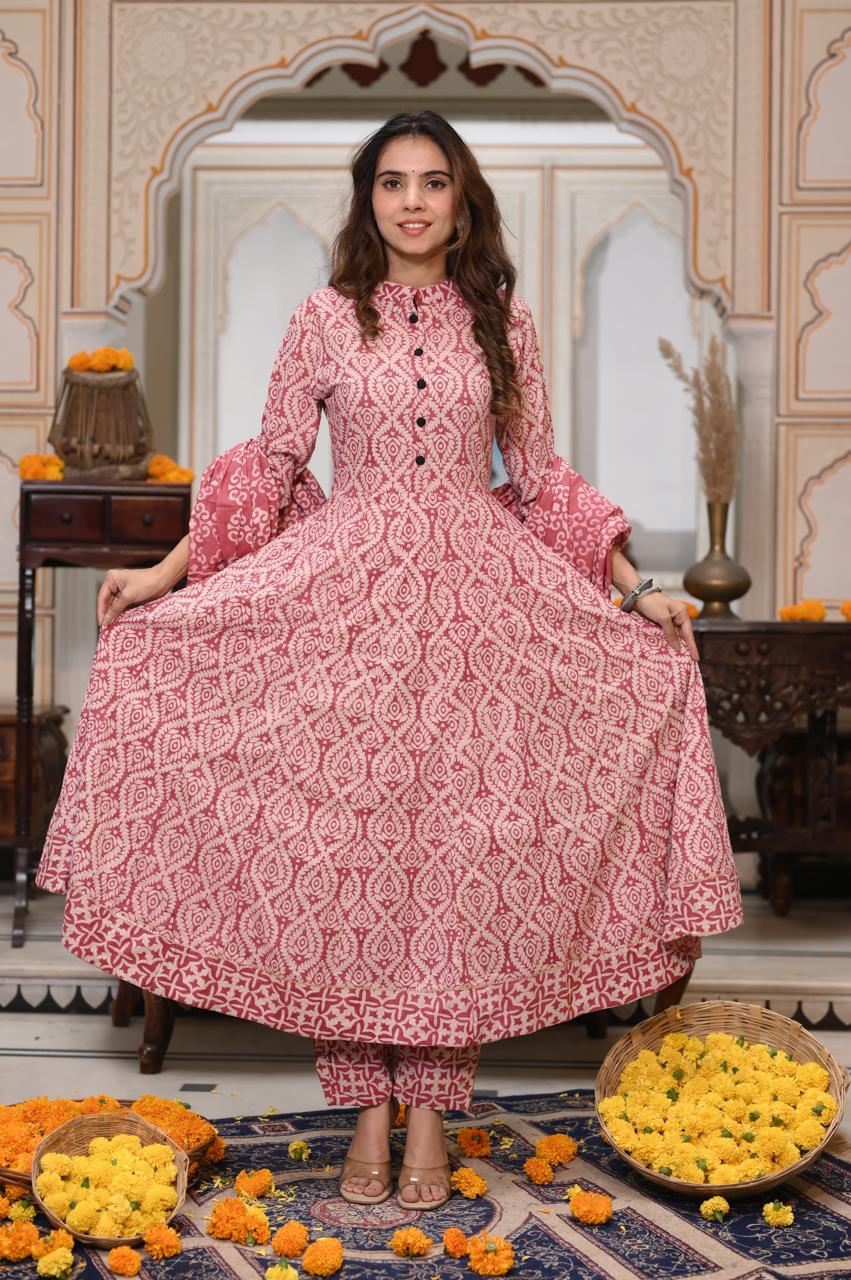 Bagru Handblock Printed Anarkali Set Kurti Pant Dupatta Suits