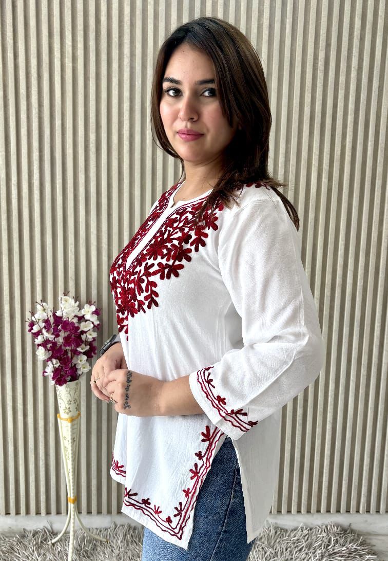 PREMIUM AARI EMBROIDERED FANCY RAYON KURTI WITH MODISH DESIGN AND COMFY FABRIC TO WEAR