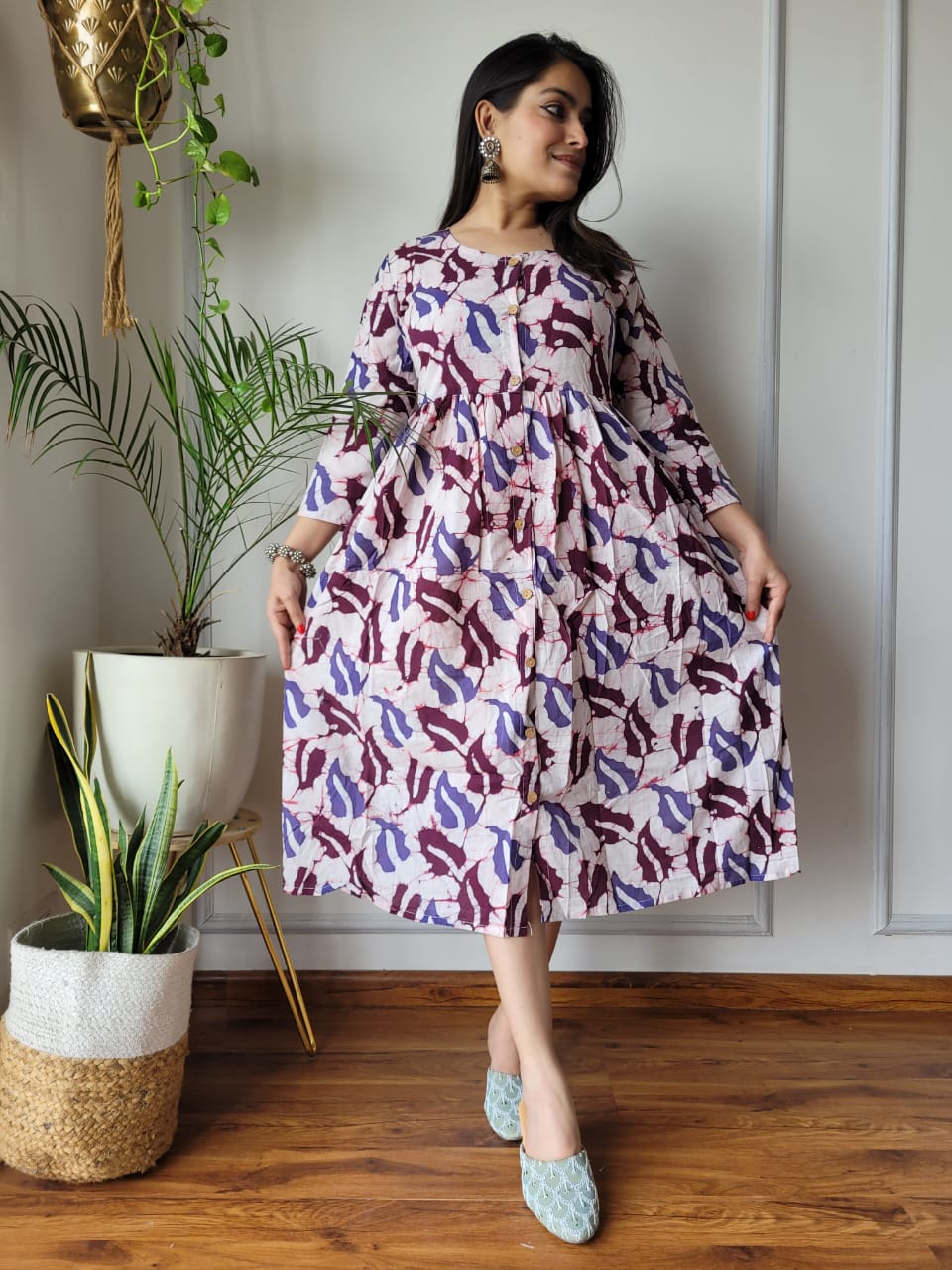 Handblock Print Cotton Kurti One Piece Dress With Sleeves