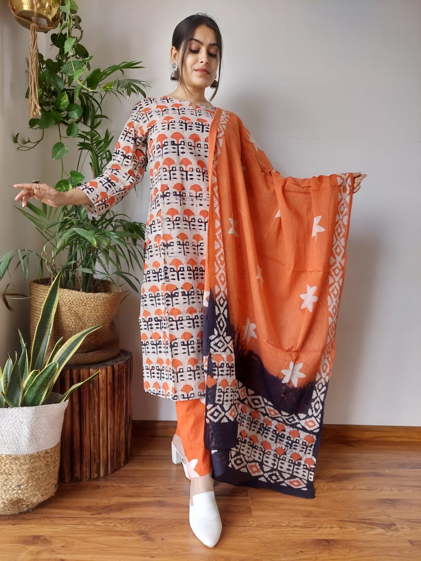 Premium Quality Handblock Print Cotton Suits Kurti Pant Dupatta Set