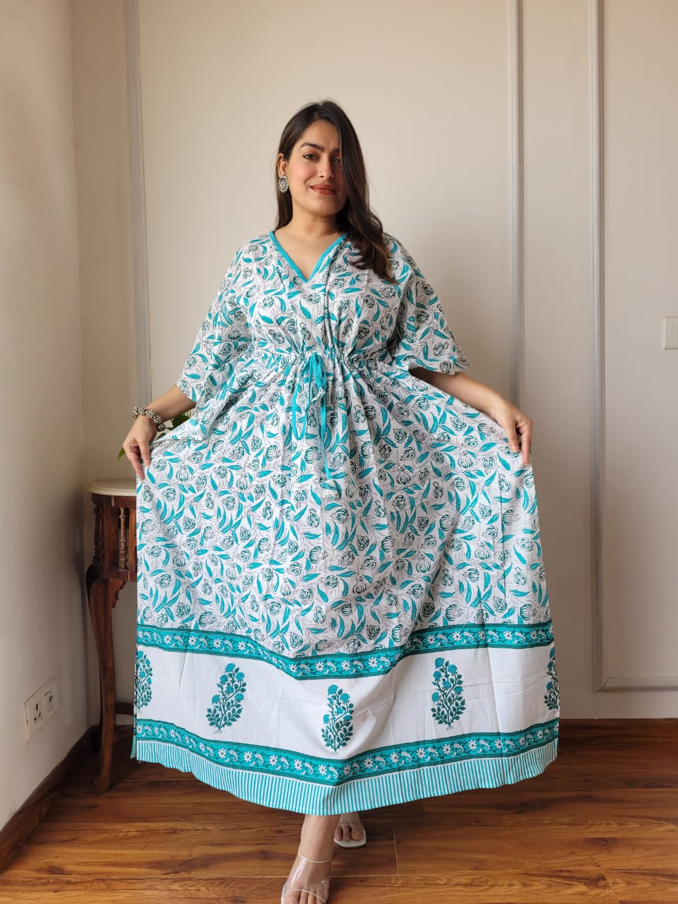 Pure Cotton Handblock Print Kaftan Maxi Night Wear Lounge Wear Night Gown Dress