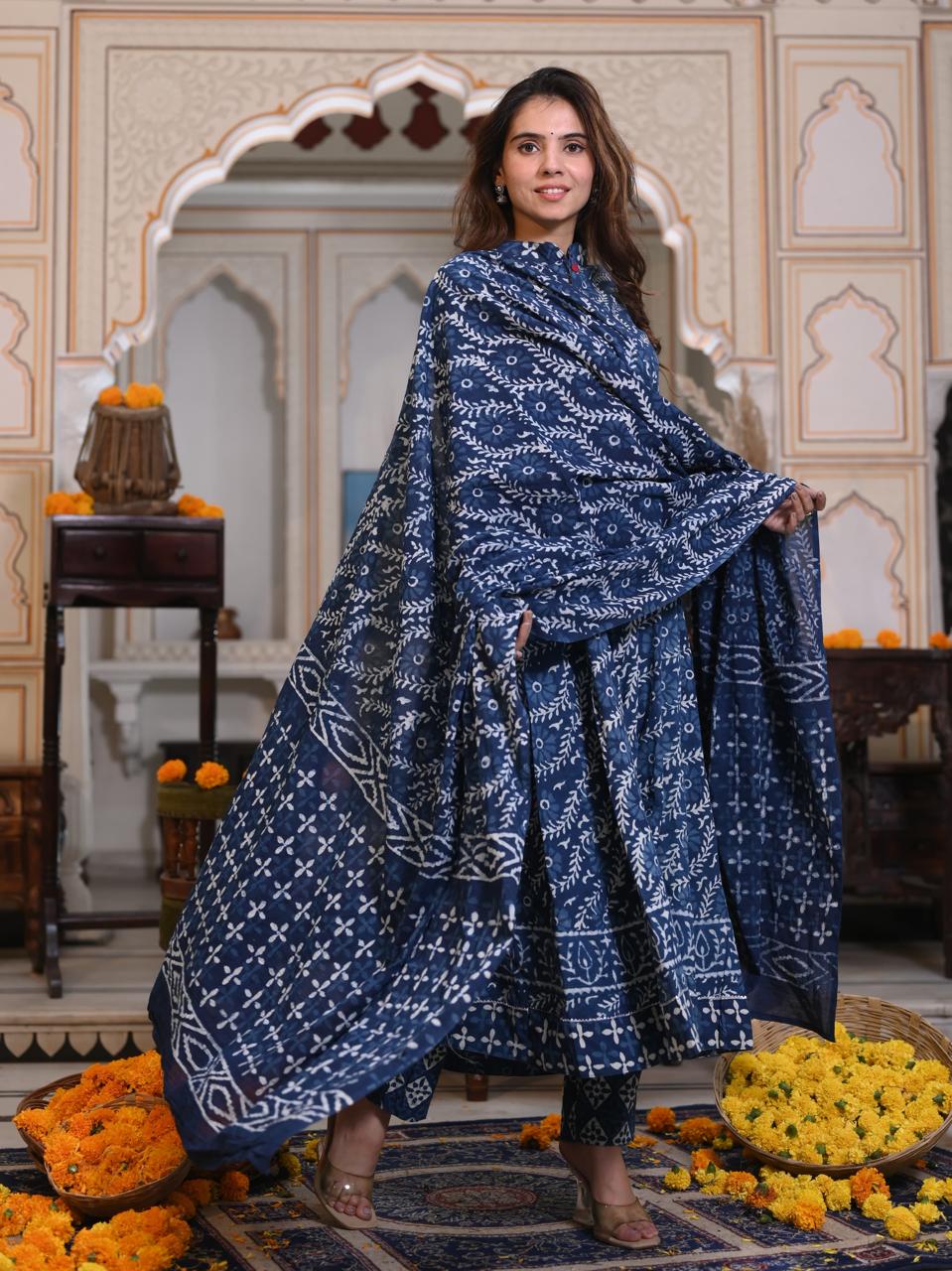 Bagru Handblock Printed Anarkali Set Kurti Pant Dupatta Suits