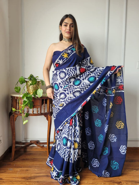 Handblock Printed Cotton Saree With Blouse Piece