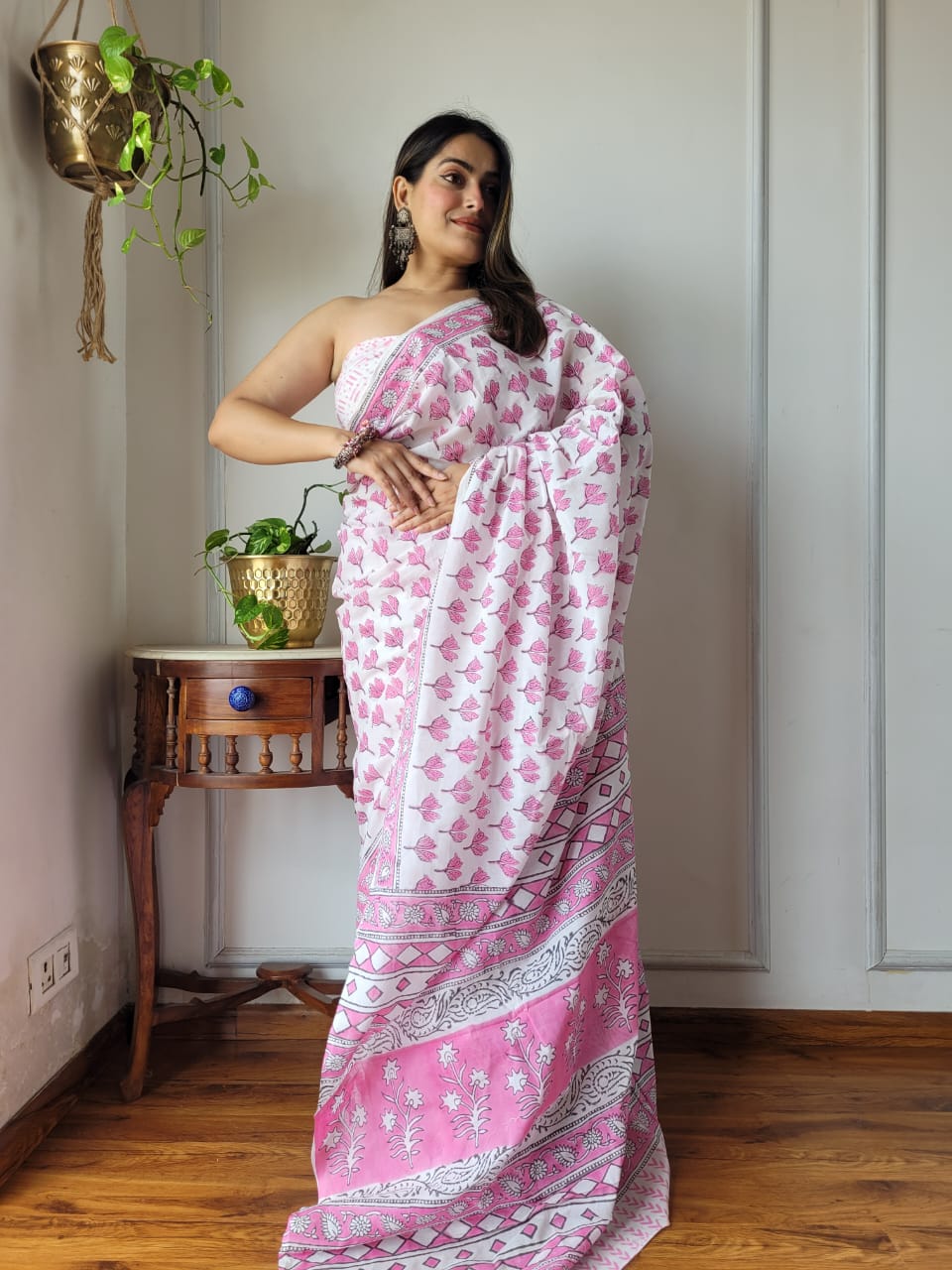 Handblock Printed Cotton Saree With Blouse Piece