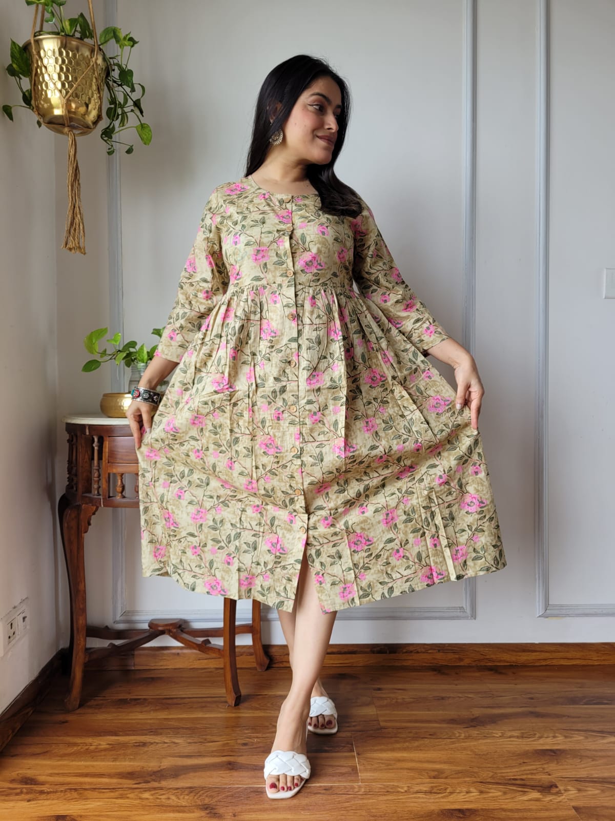 Handblock Print Cotton Kurti One Piece Dress With Sleeves