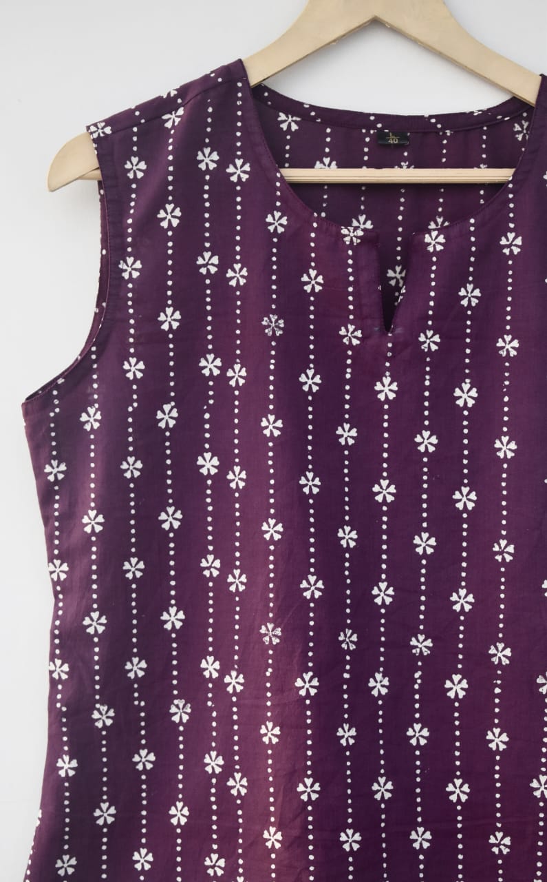 Cotton sleeveless tops kurti handblock print handmade natural colors