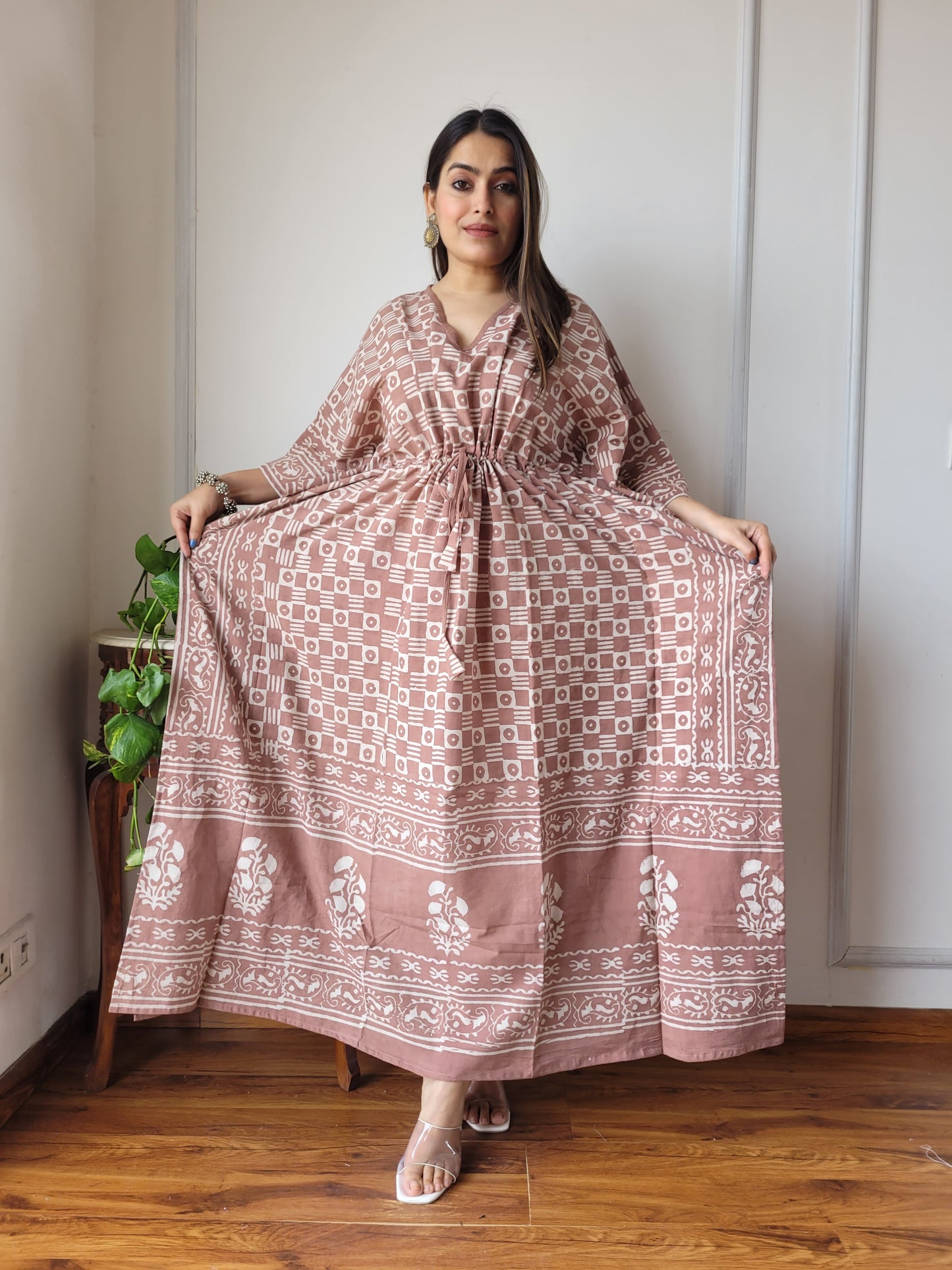 Pure Cotton Handblock Print Kaftan Maxi Night Wear Lounge Wear Night Gown Dress