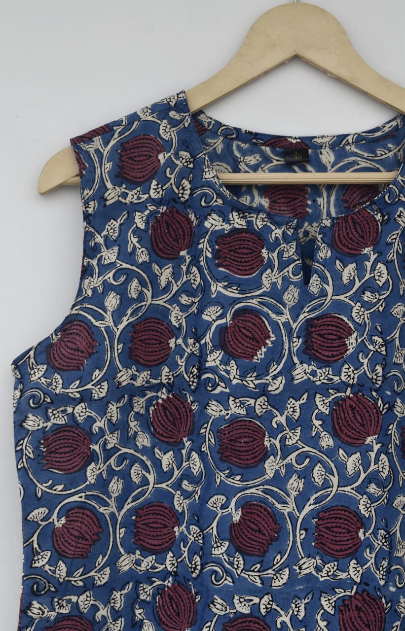 Cotton sleeveless tops kurti handblock print handmade natural colors