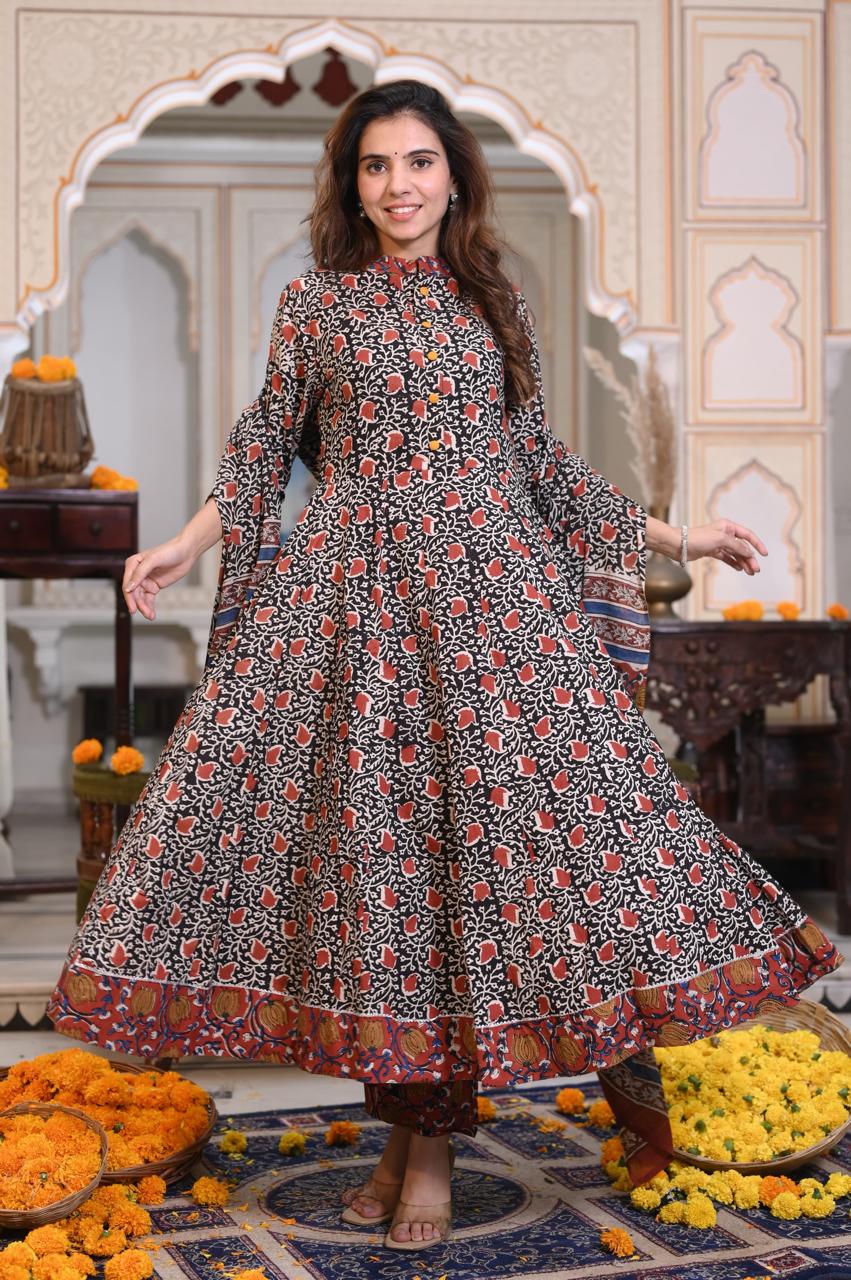 Bagru Handblock Printed Anarkali Set Kurti Pant Dupatta Suits