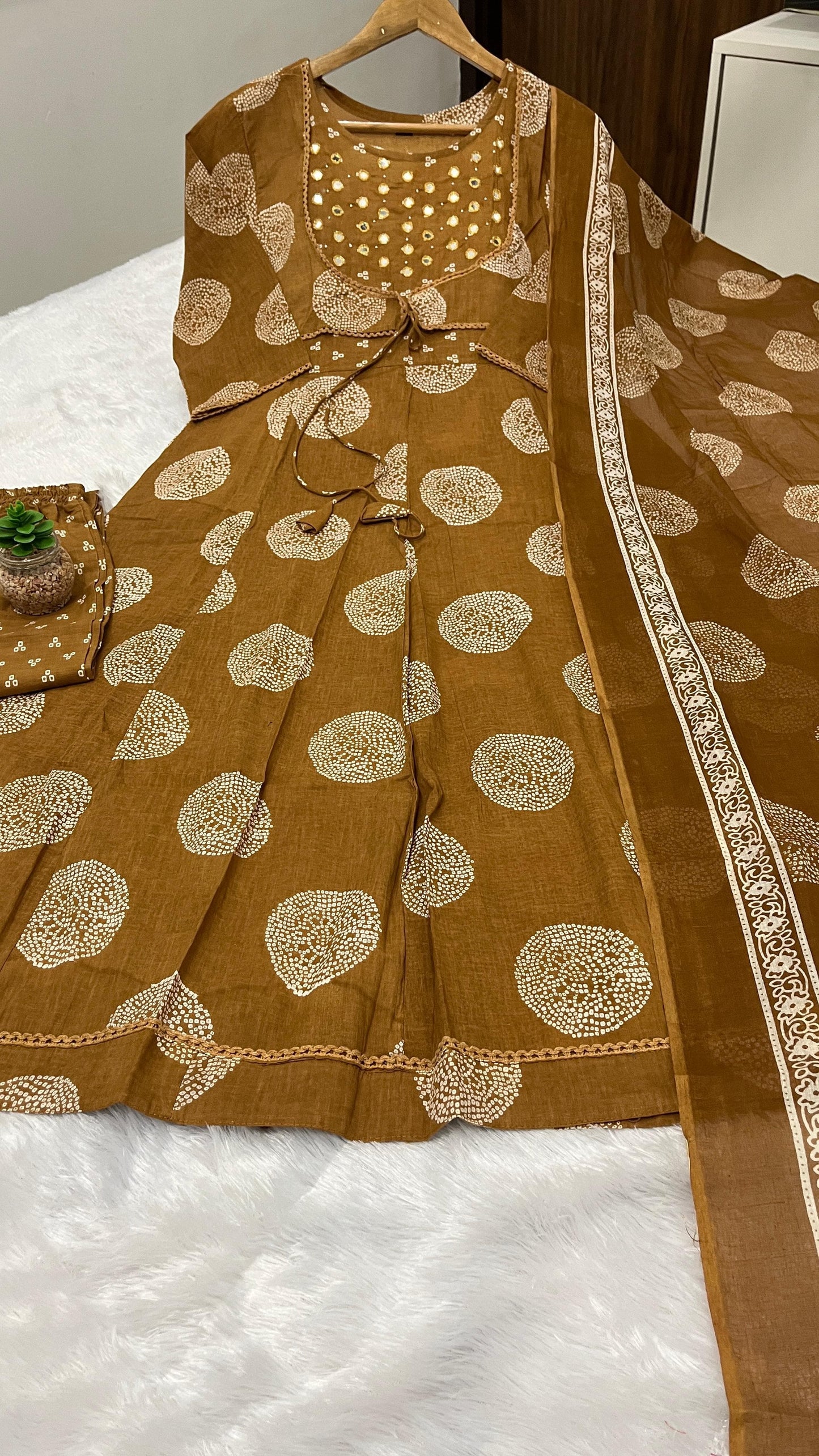 Anarkali Cotton Suit With Shrug Pattern Kurti Pant Dupatta Set