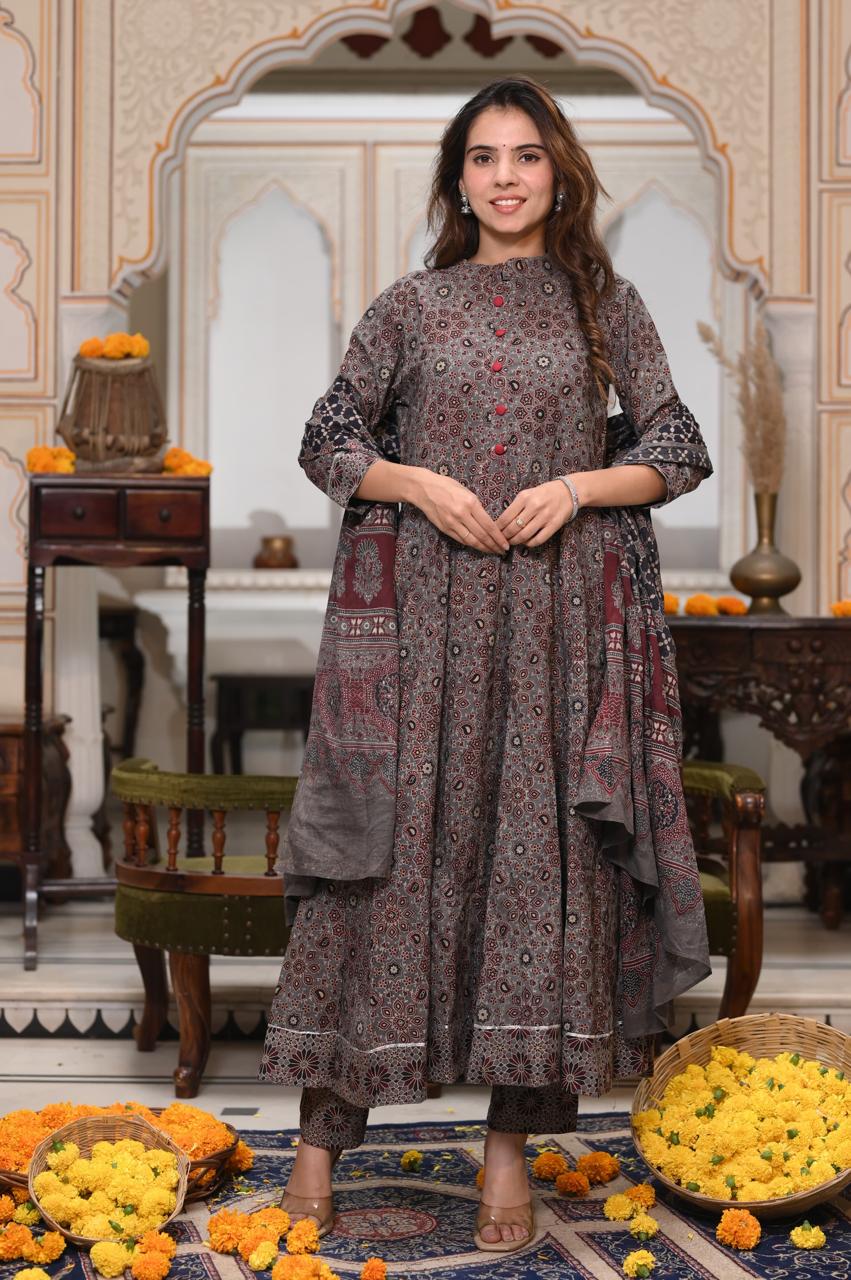 Bagru Handblock Printed Anarkali Set Kurti Pant Dupatta Suits