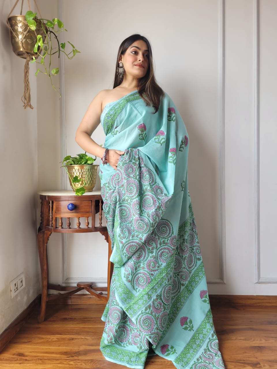 Handblock Printed Cotton Saree With Blouse Piece