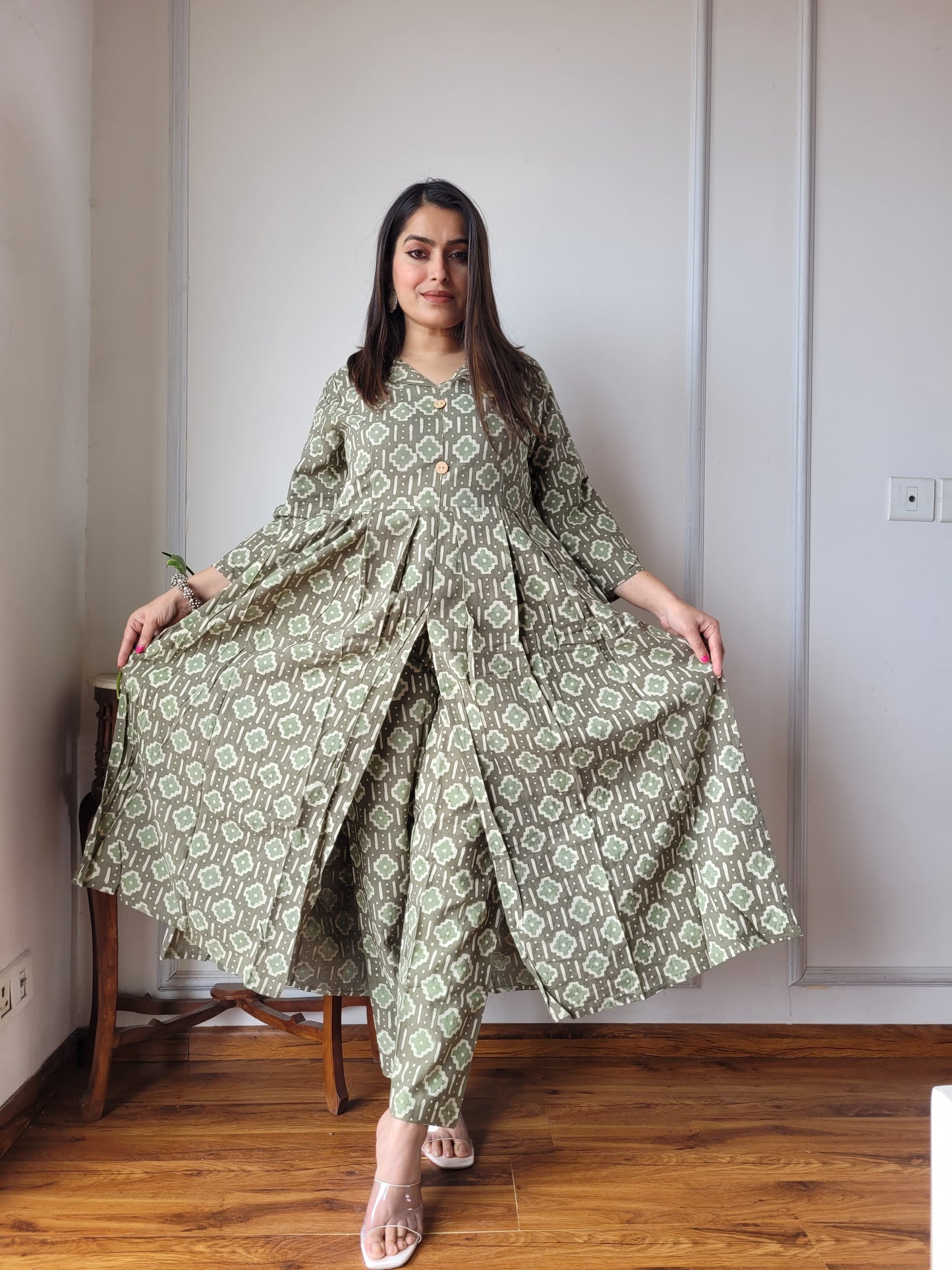 Nyra Cut Handblock Printed Cotton Kurti Pant Set Dress