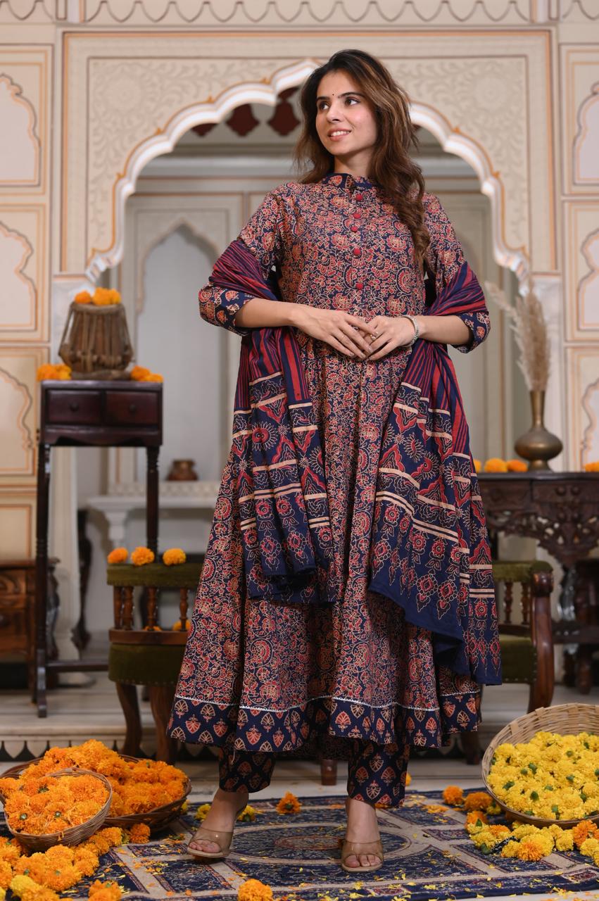 Bagru Handblock Printed Anarkali Set Kurti Pant Dupatta Suits