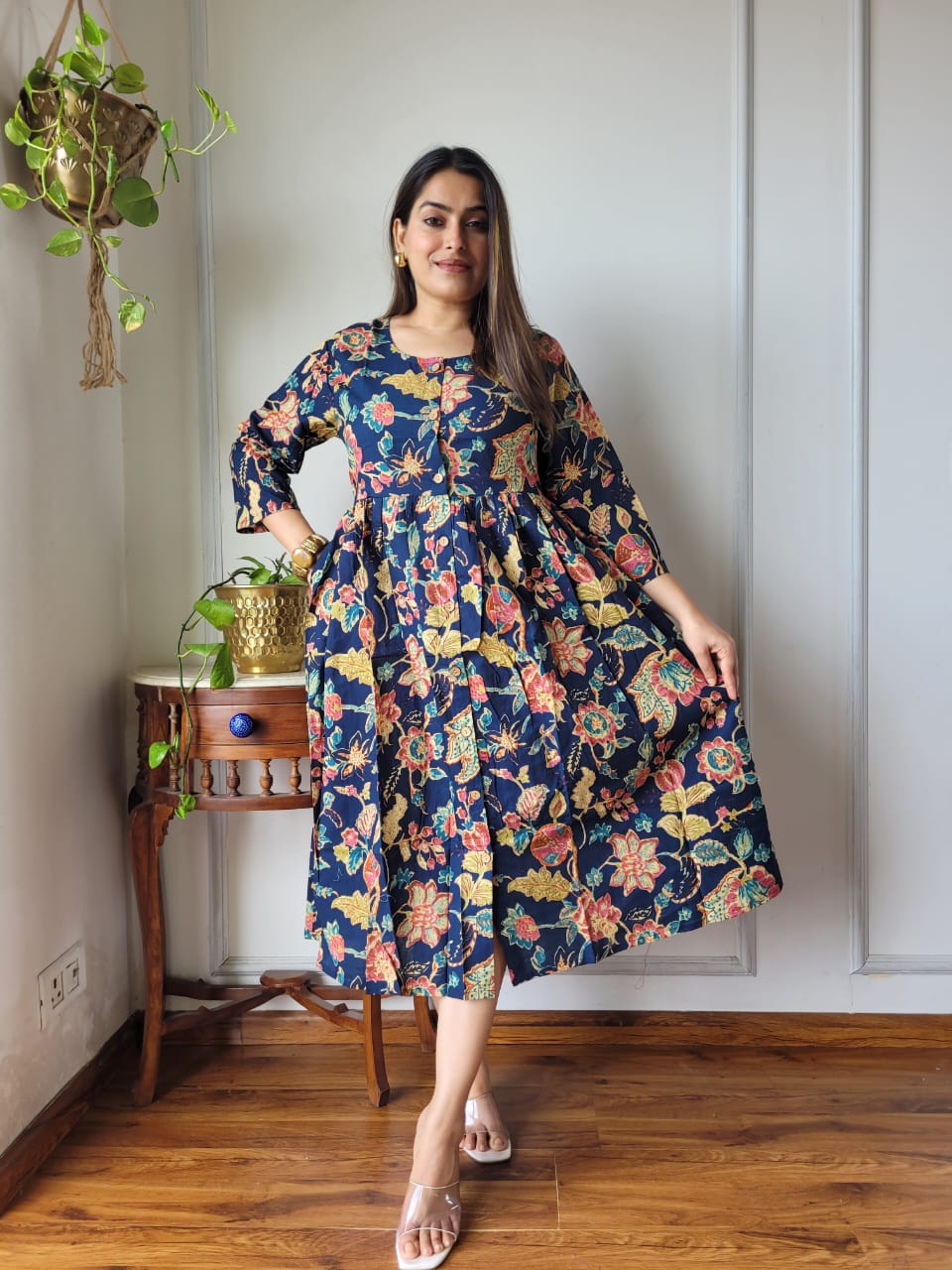 Handblock Print Cotton Kurti One Piece Dress With Sleeves