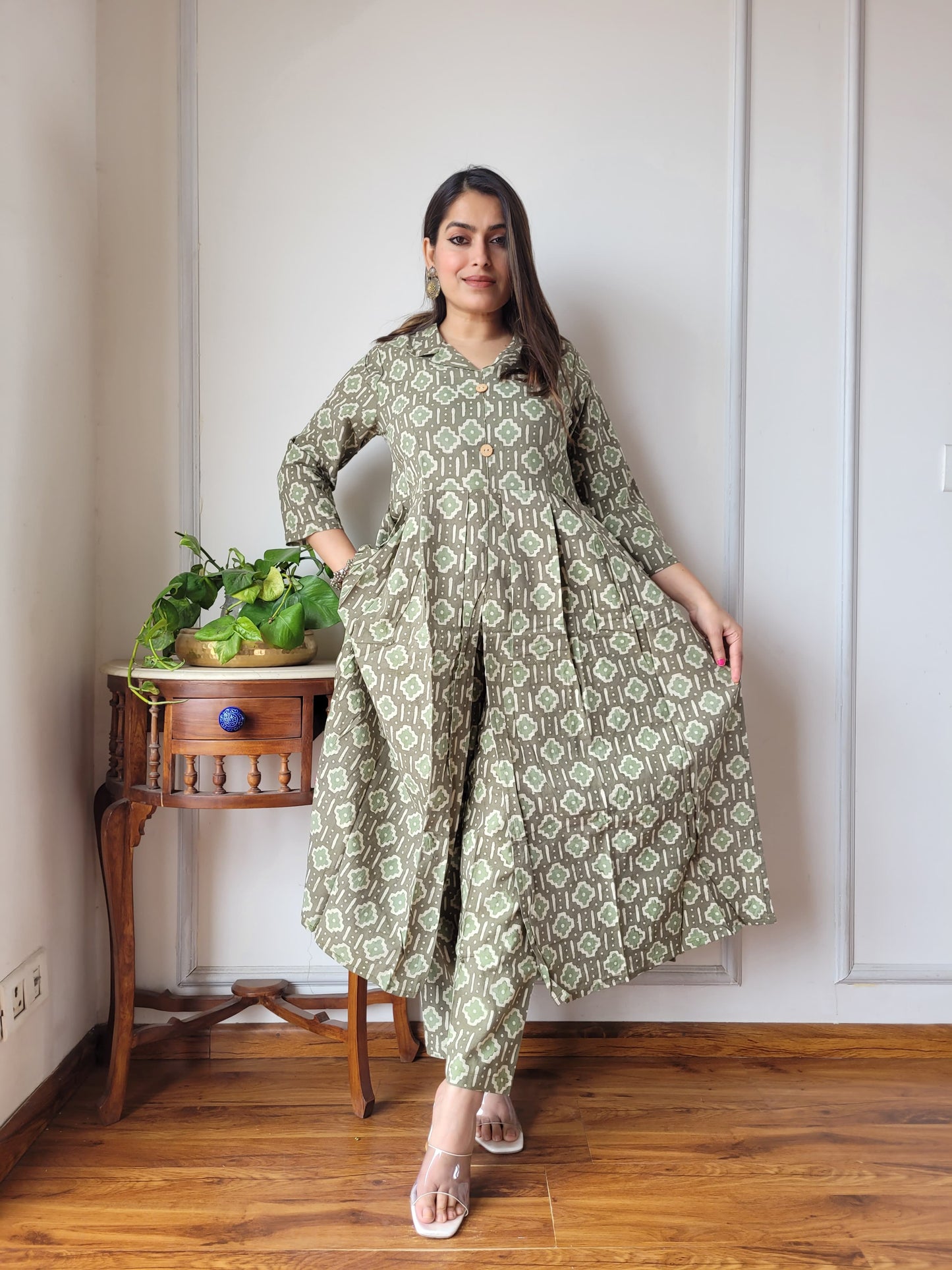 Nyra Cut Handblock Printed Cotton Kurti Pant Set Dress