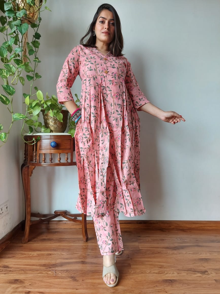 Nyra Cut Handblock Printed Cotton Kurti Pant Set Dress