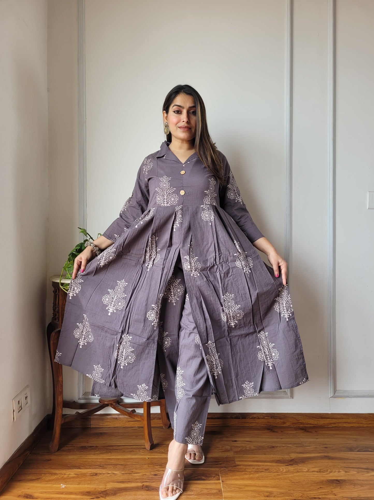 Nyra Cut Handblock Printed Cotton Kurti Pant Set Dress