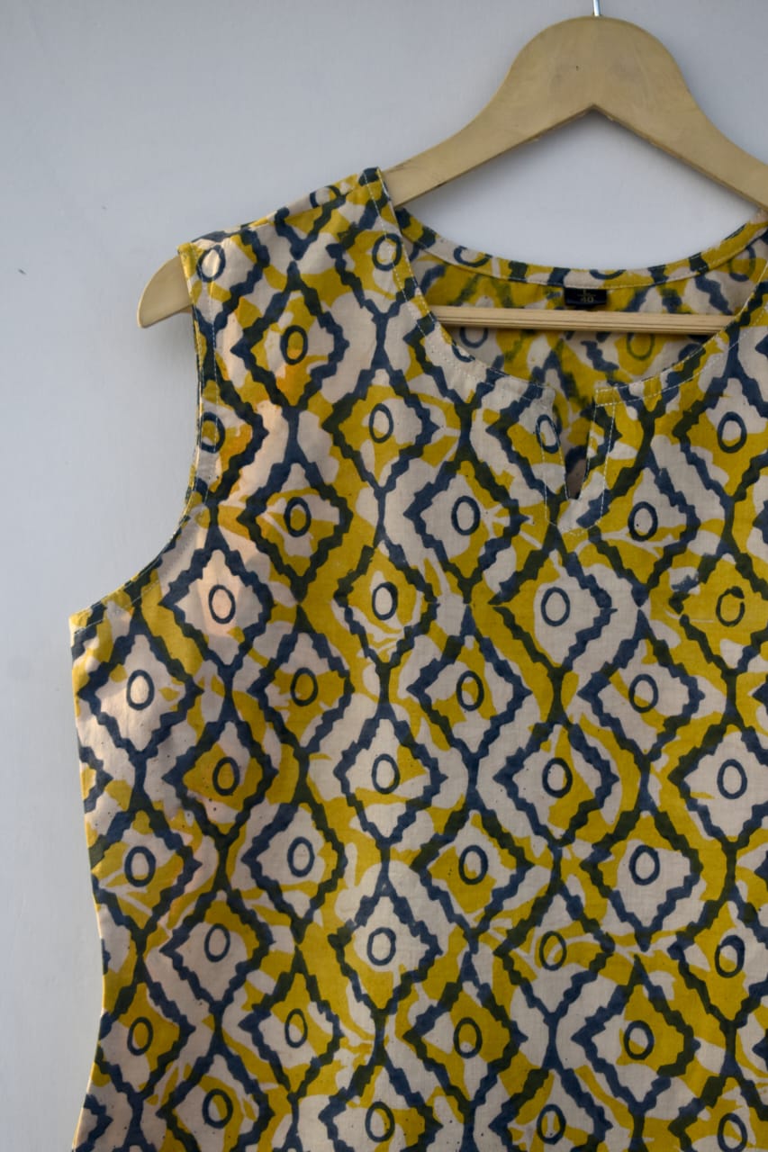 Cotton sleeveless tops kurti handblock print handmade natural colors
