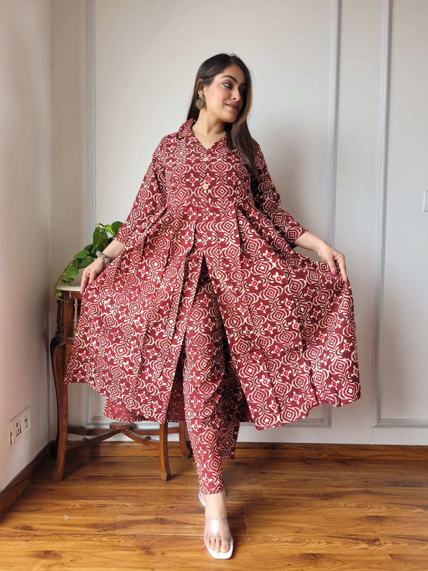 Nyra Cut Handblock Printed Cotton Kurti Pant Set Dress
