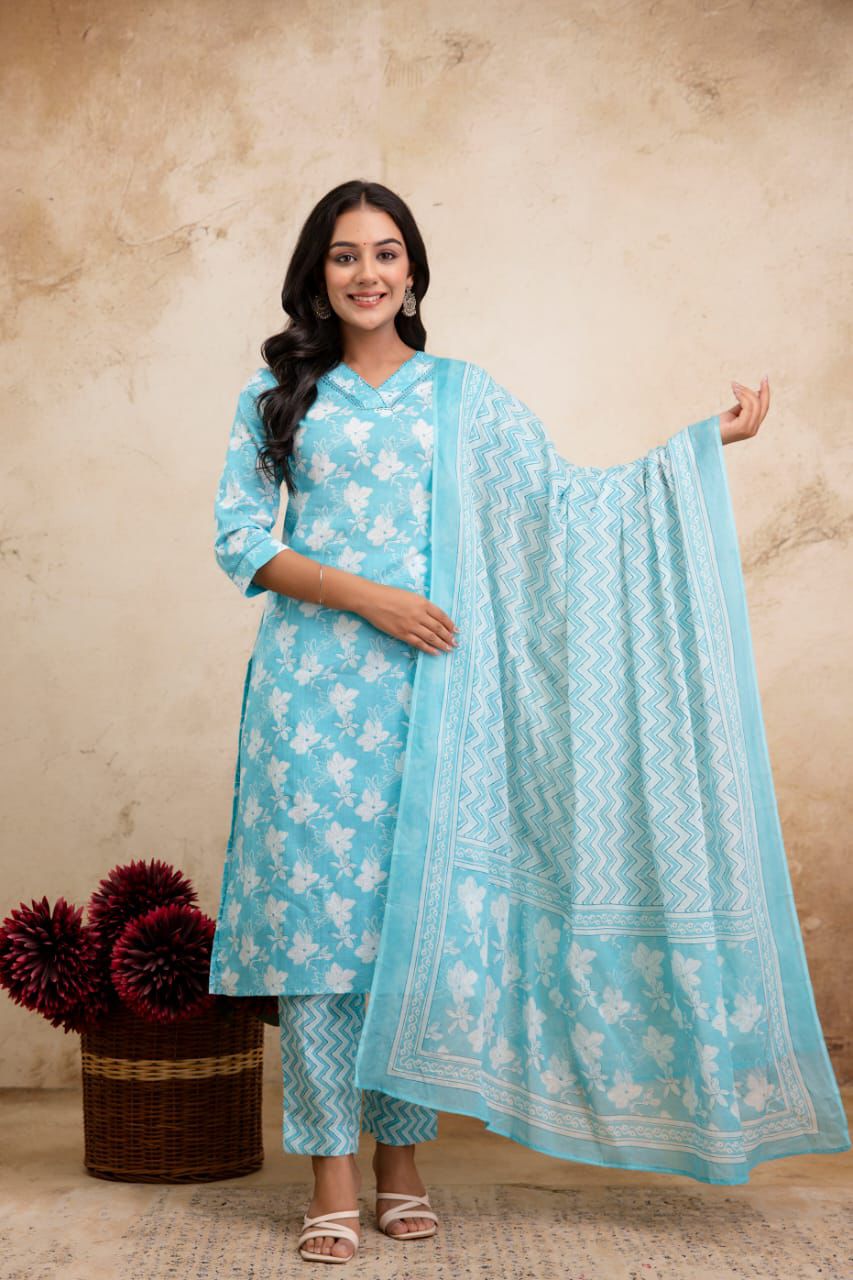 Jaipuri suits cotton kurti pant dupatta sanganeri print dress