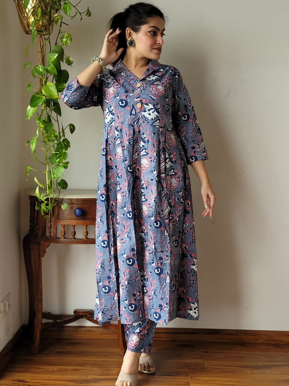 Nyra Cut Handblock Printed Cotton Kurti Pant Set Dress