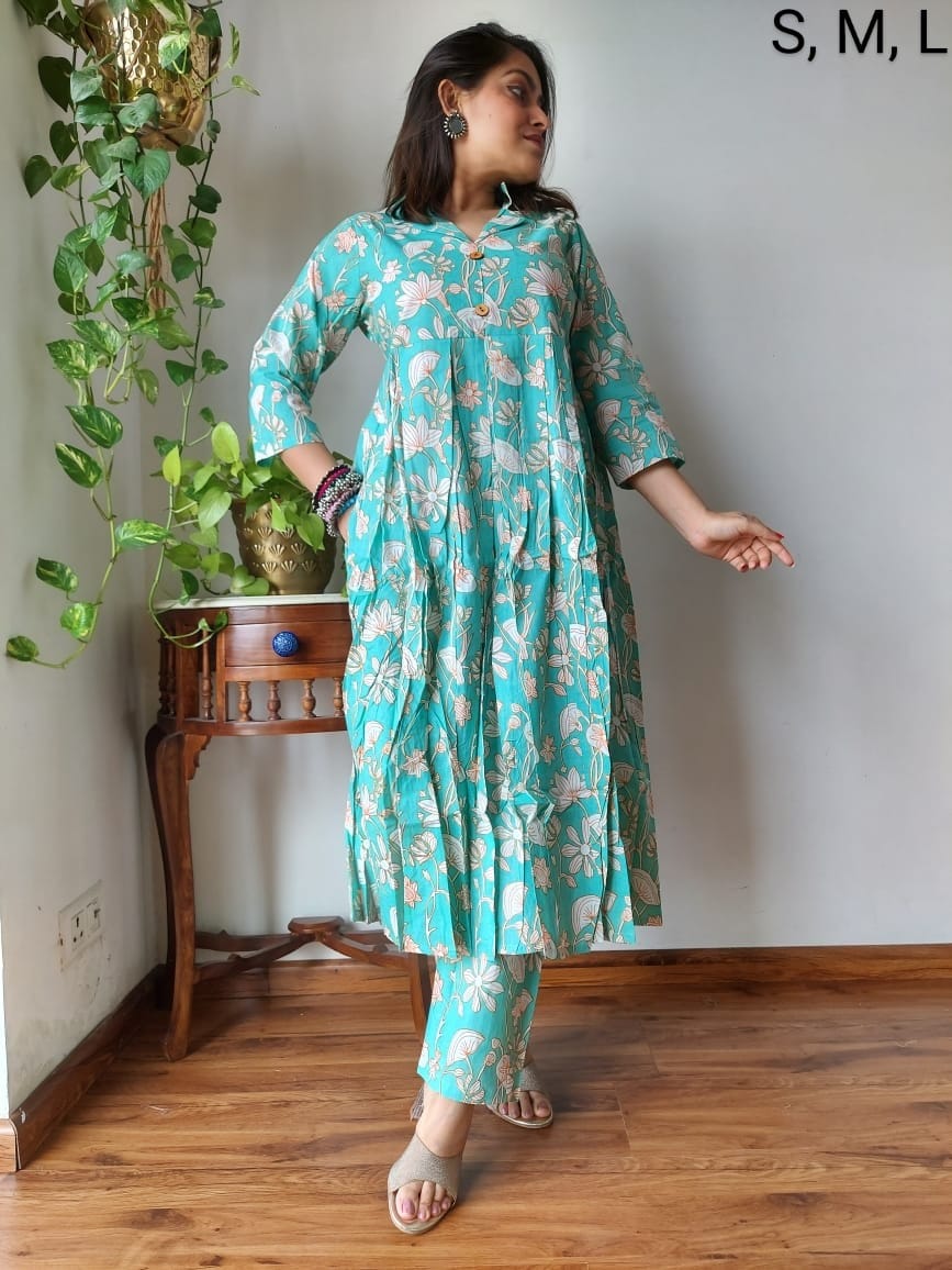 Nyra Cut Handblock Printed Cotton Kurti Pant Set Dress