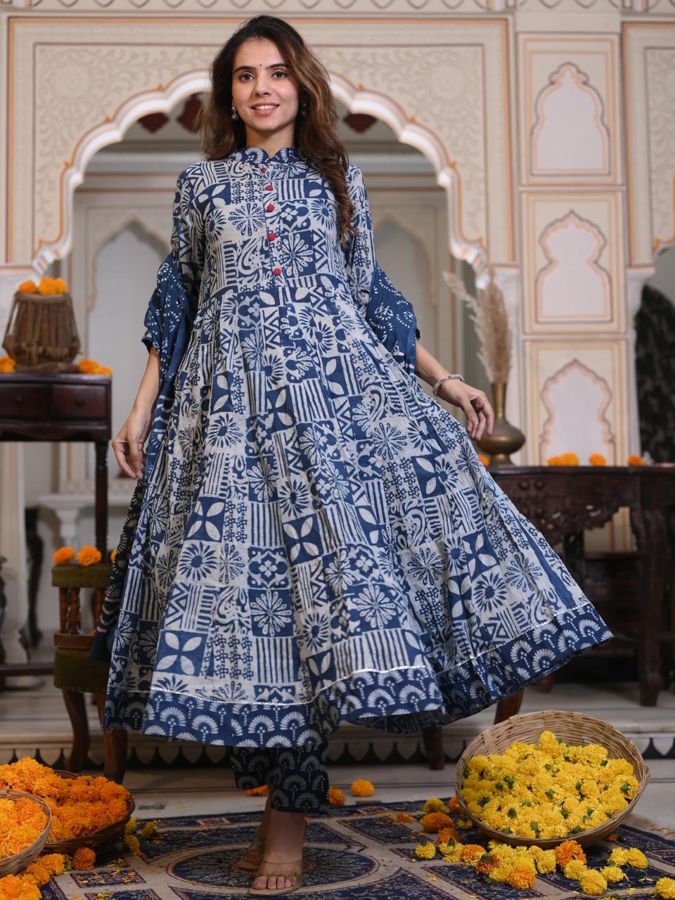 Bagru Handblock Printed Anarkali Set Kurti Pant Dupatta Suits