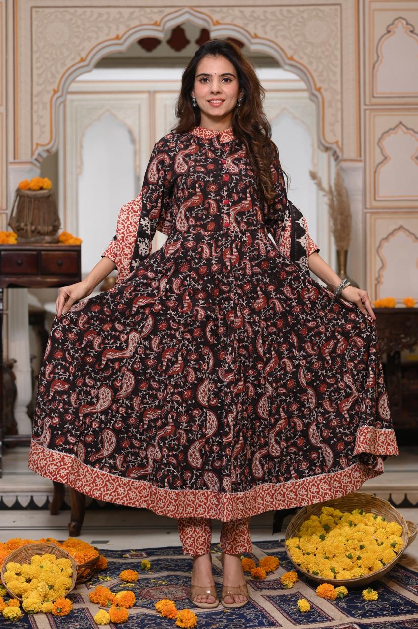 Bagru Handblock Printed Anarkali Set Kurti Pant Dupatta Suits