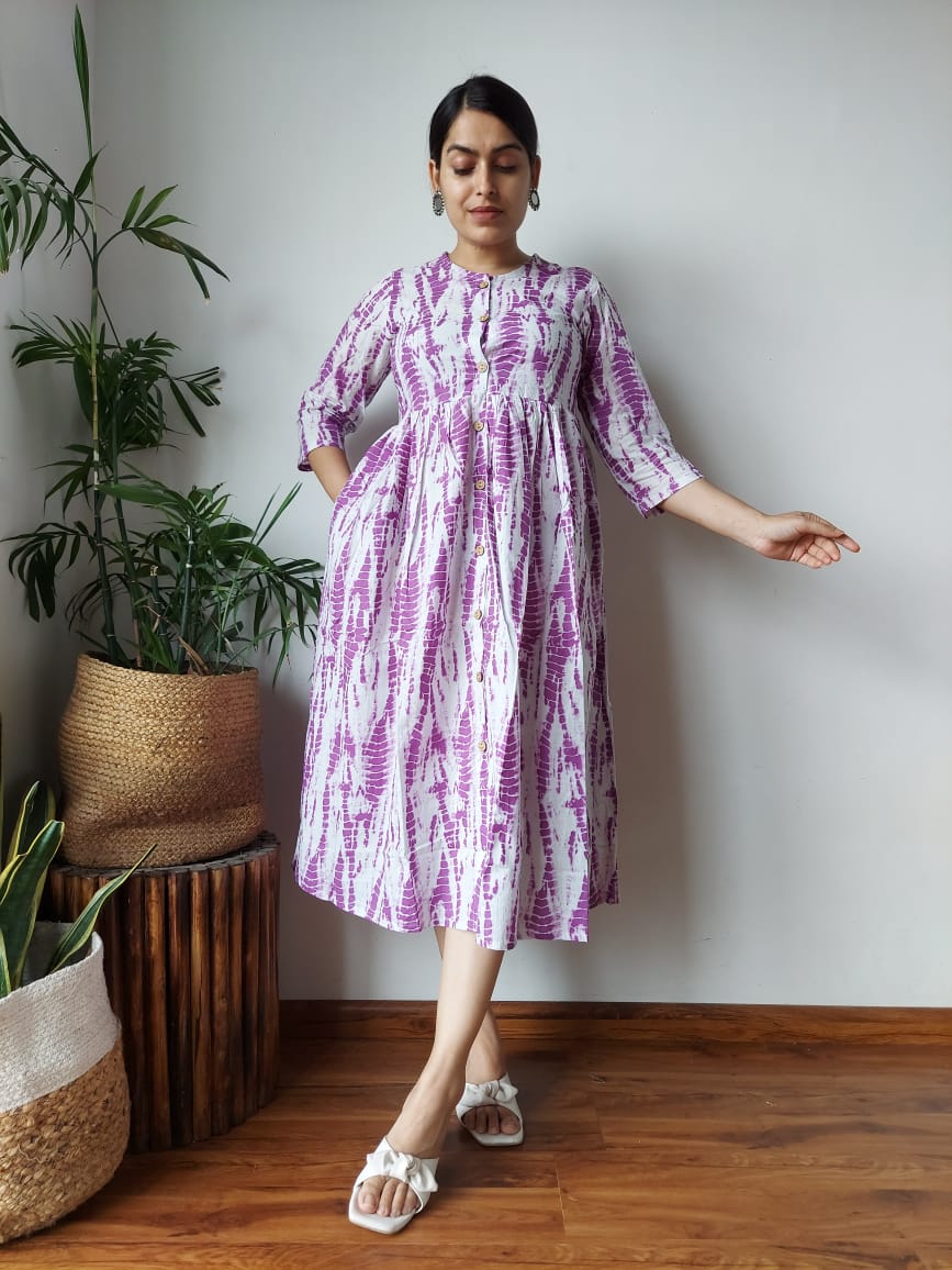Handblock Print Cotton Kurti One Piece Dress With Sleeves