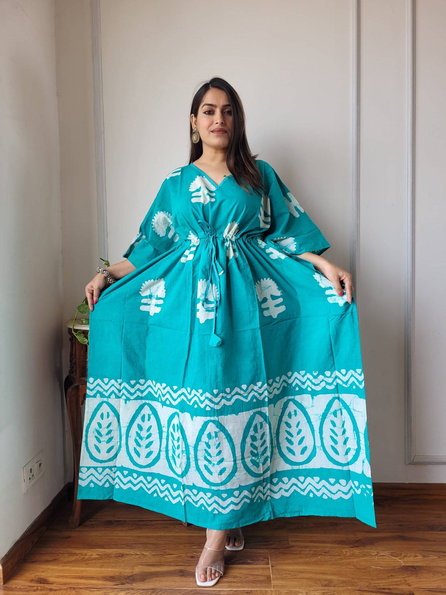 Pure Cotton Handblock Print Kaftan Maxi Night Wear Lounge Wear Night Gown Dress