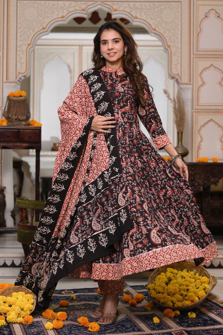 Bagru Handblock Printed Anarkali Set Kurti Pant Dupatta Suits