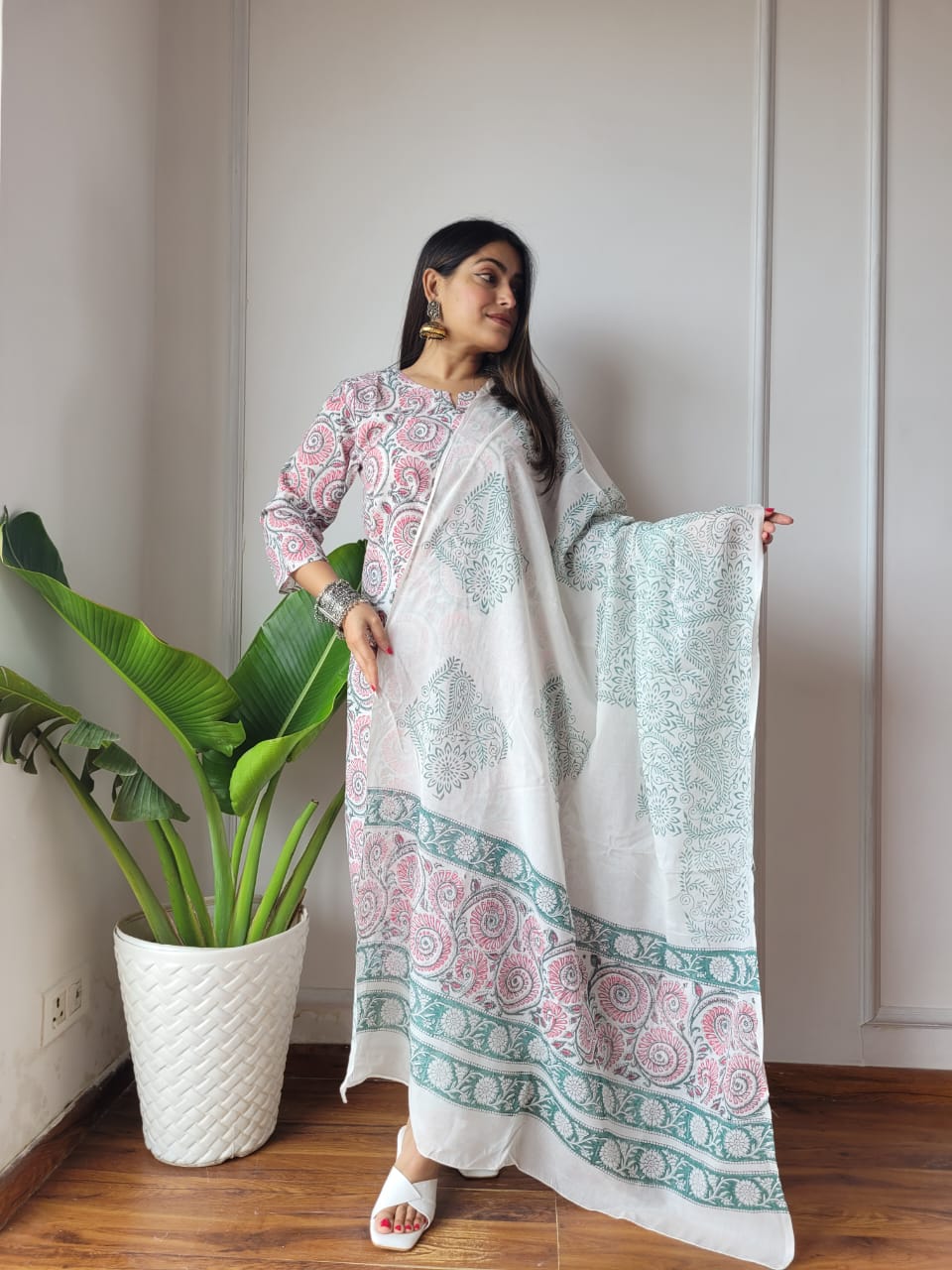 Premium Quality Handblock Print Cotton Suits Kurti Pant Dupatta Set