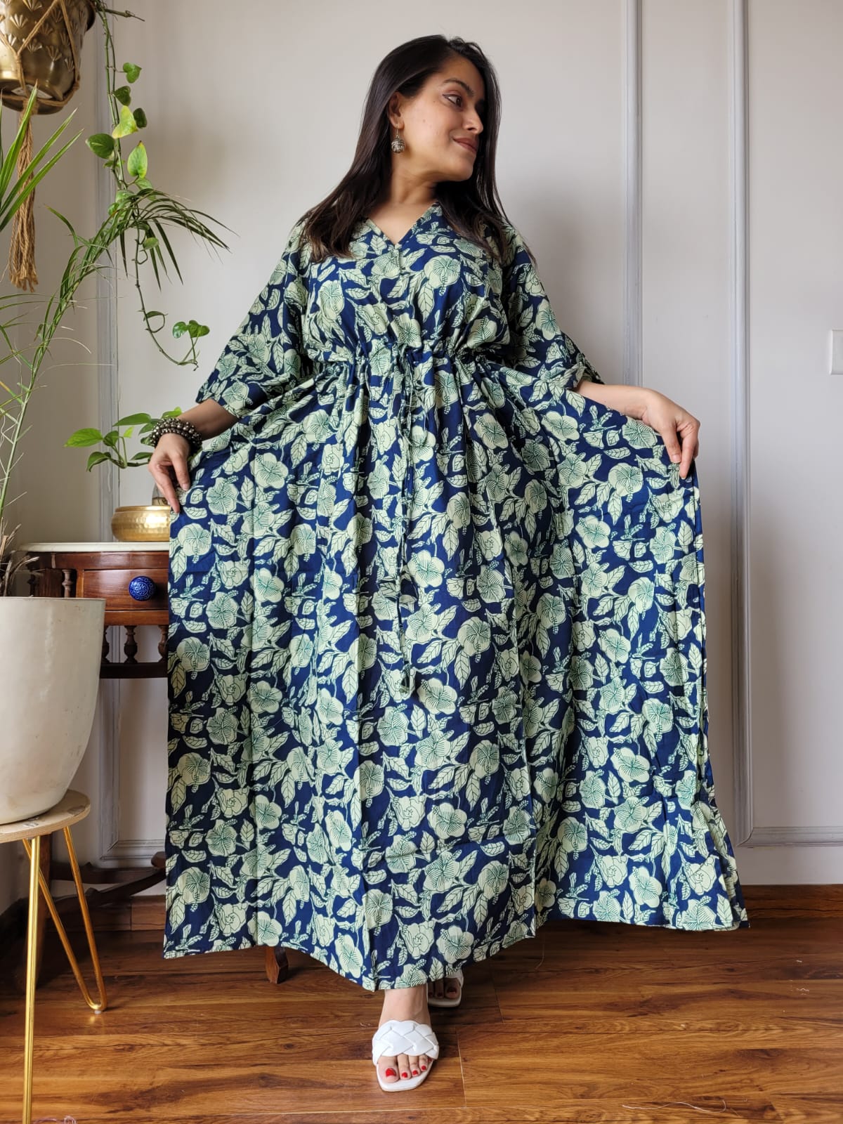 Pure Cotton Handblock Print Kaftan Maxi Night Wear Lounge Wear Night Gown Dress