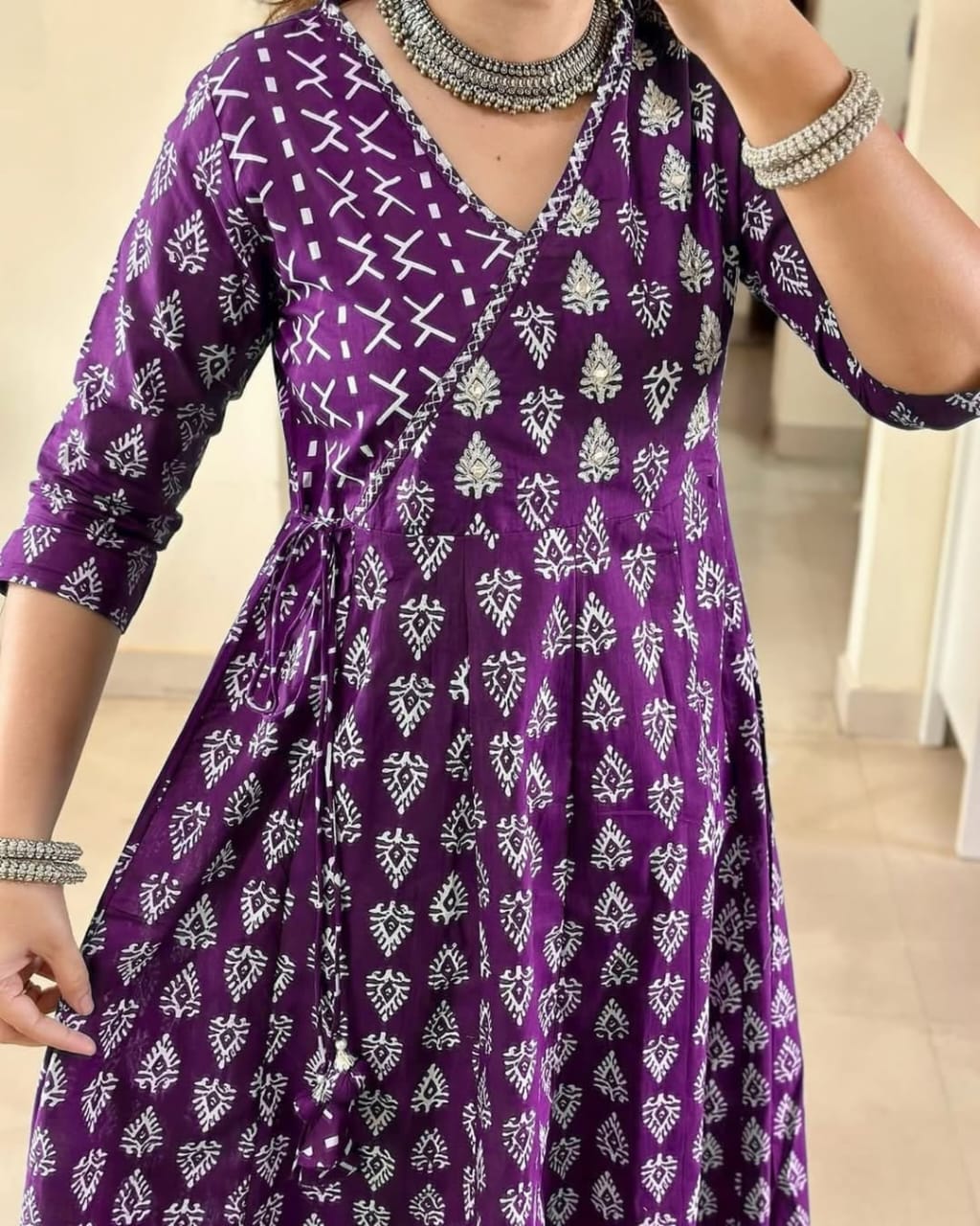Cotton Angrakha Pattern Kurti Pant Set