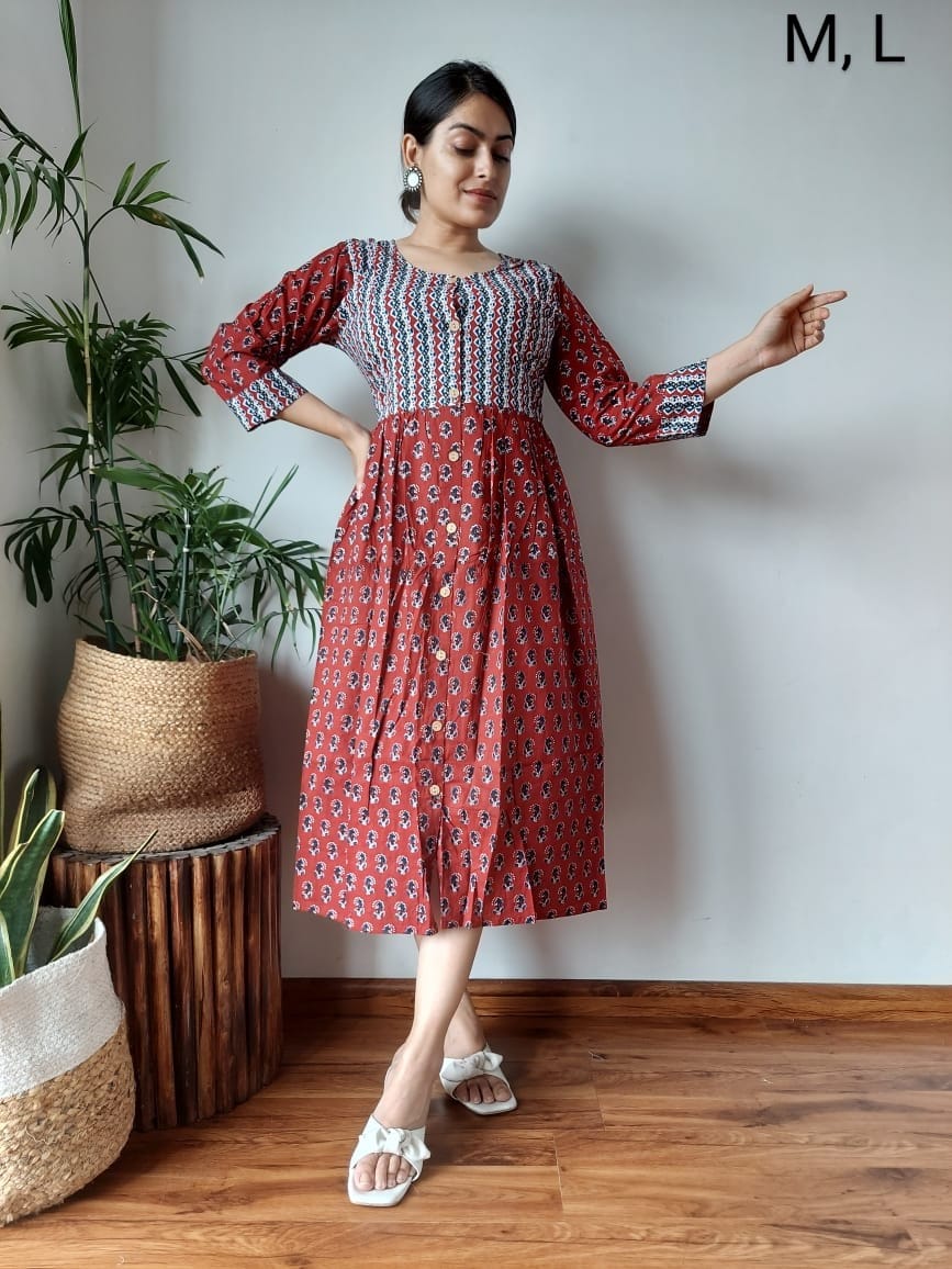 Handblock Print Cotton Kurti One Piece Dress With Sleeves