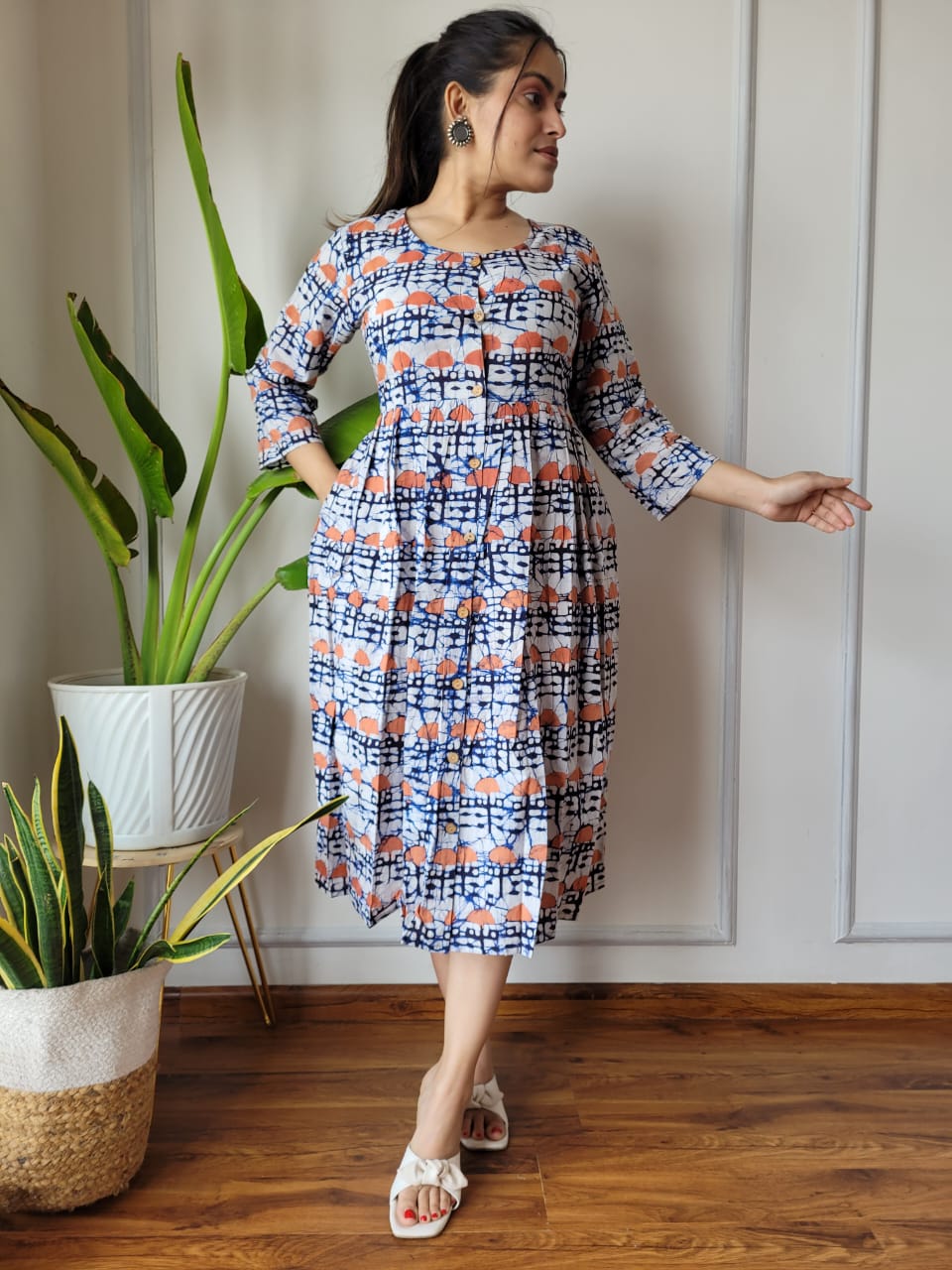 Handblock Print Cotton Kurti One Piece Dress With Sleeves