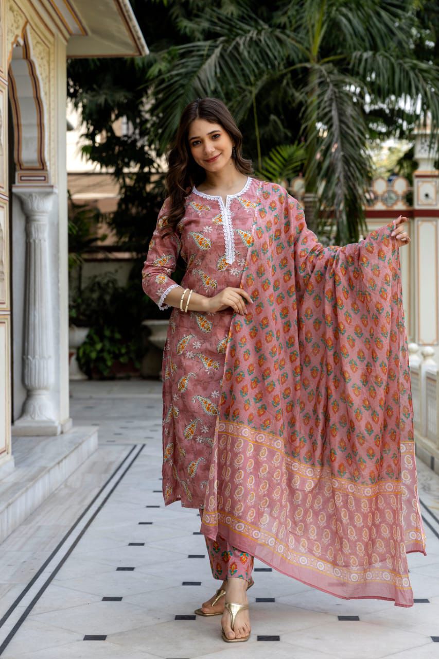 Jaipuri suits cotton kurti pant dupatta sanganeri print dress