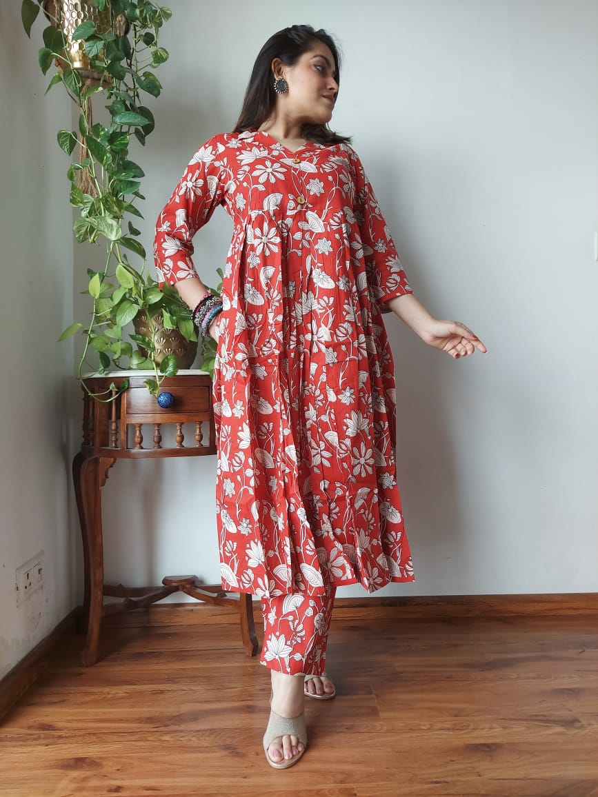 Nyra Cut Handblock Printed Cotton Kurti Pant Set Dress