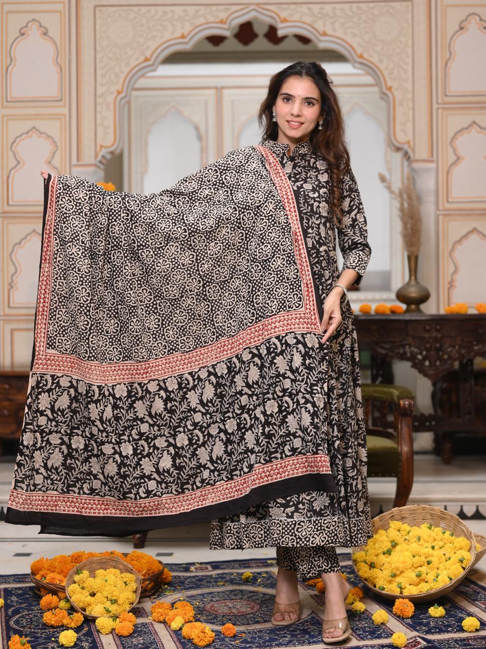 Bagru Handblock Printed Anarkali Set Kurti Pant Dupatta Suits