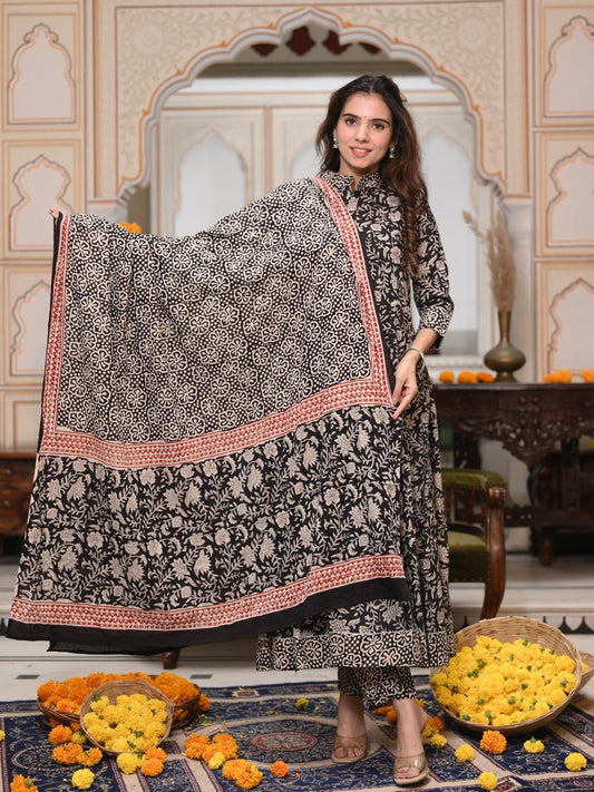 Bagru Handblock Printed Anarkali Set Kurti Pant Dupatta Suits
